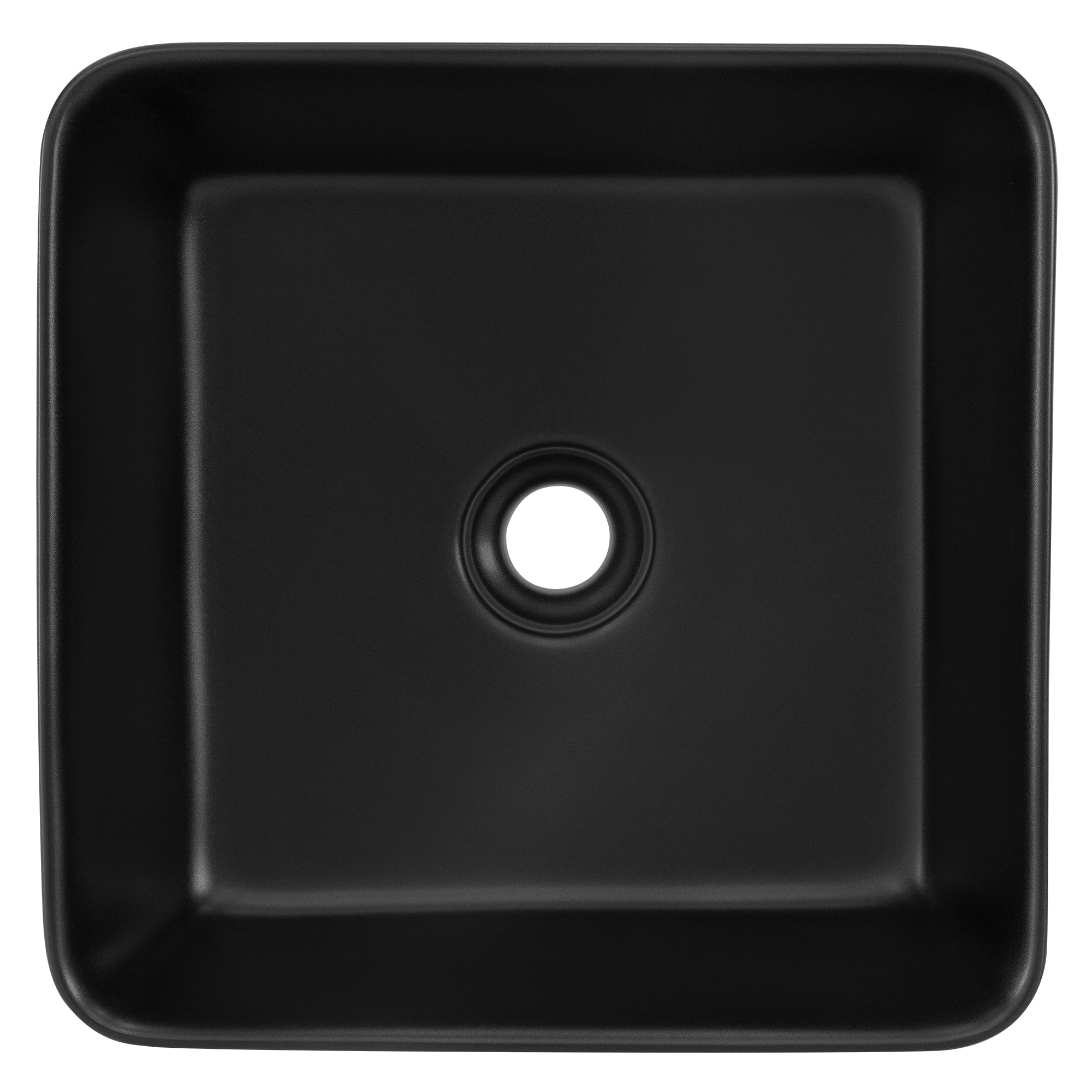 Obenansicht eines quadratischen schwarzen Waschbeckens mit Abflussloch.