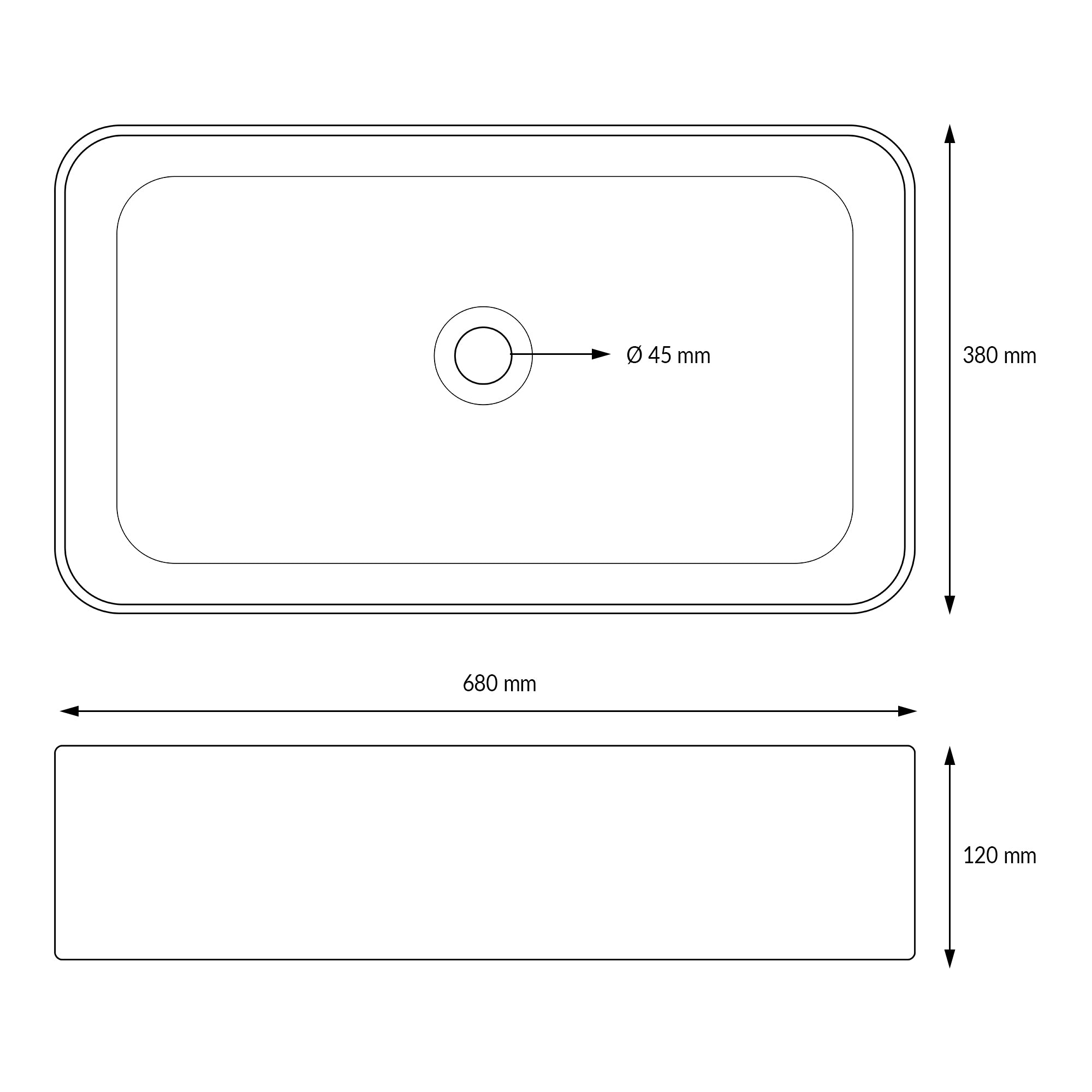 Technische Zeichnung eines rechteckigen Waschbeckens mit Maßen.