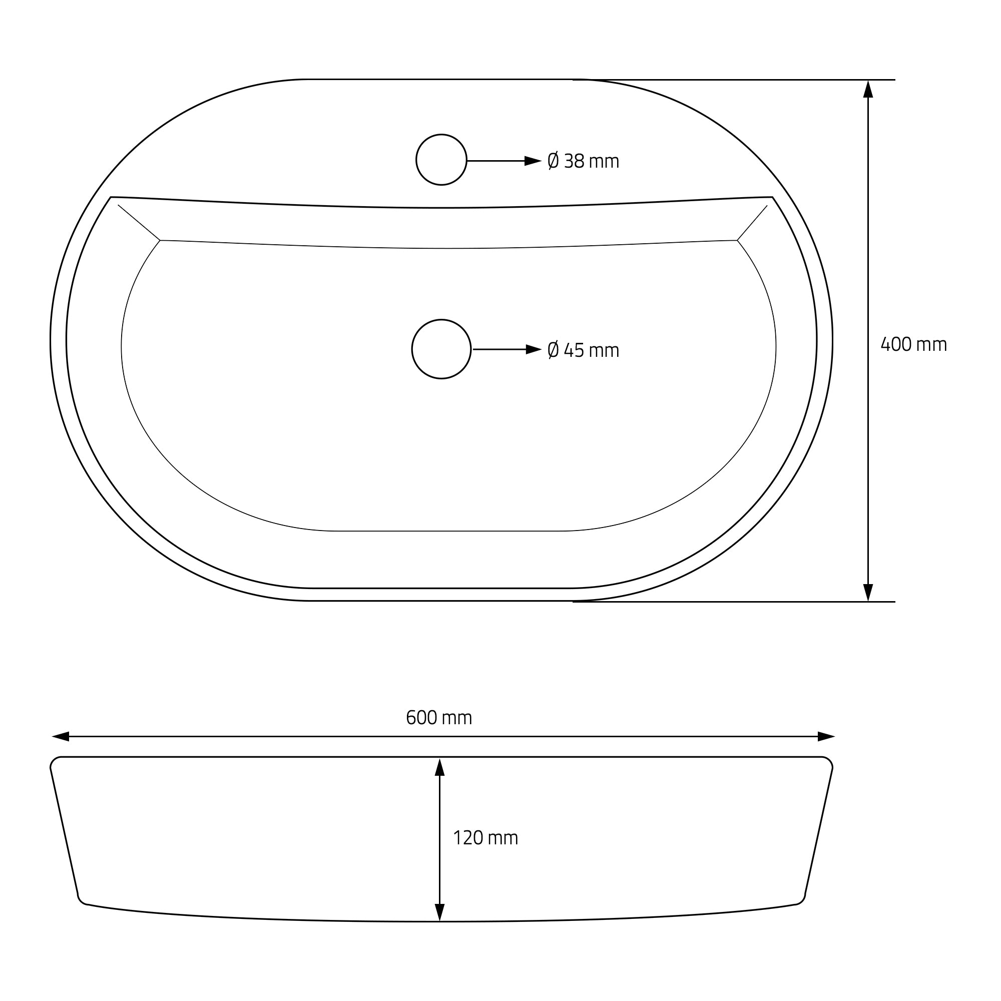 Dessin technique d'un évier ovale avec des dimensions.