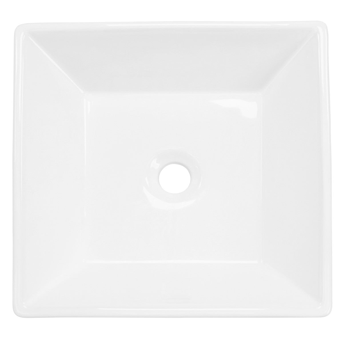 Weißes, quadratisches Waschbecken mit zentralem Abflussloch.