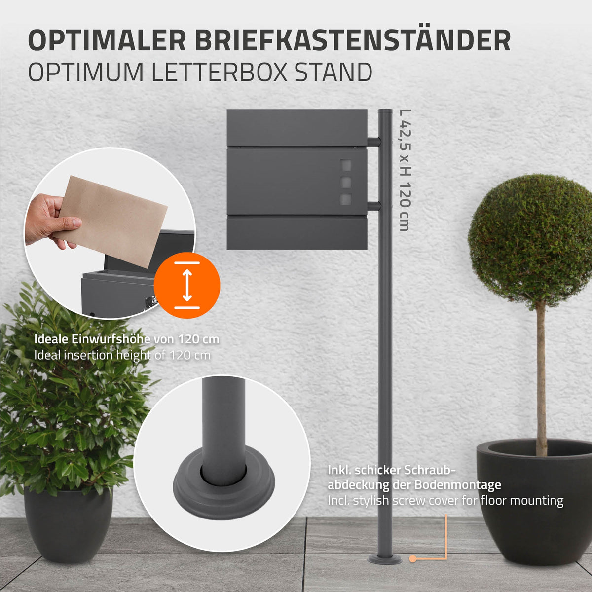 Briefkastenständer mit einer Höhe von 120 cm und einer Einwurfhöhe von 120 cm.