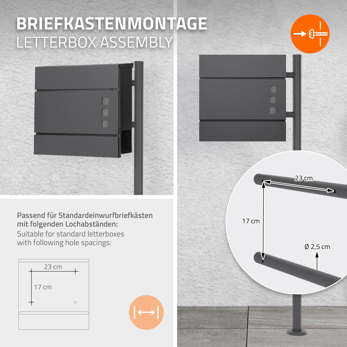 Briefkastenmontage mit Maßangaben für Standardbriefkästen.