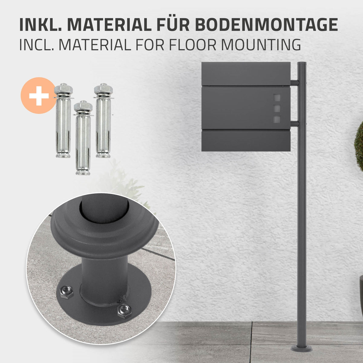 Ein grauer Metallpfosten mit Bodenmontagematerial und Schrauben.