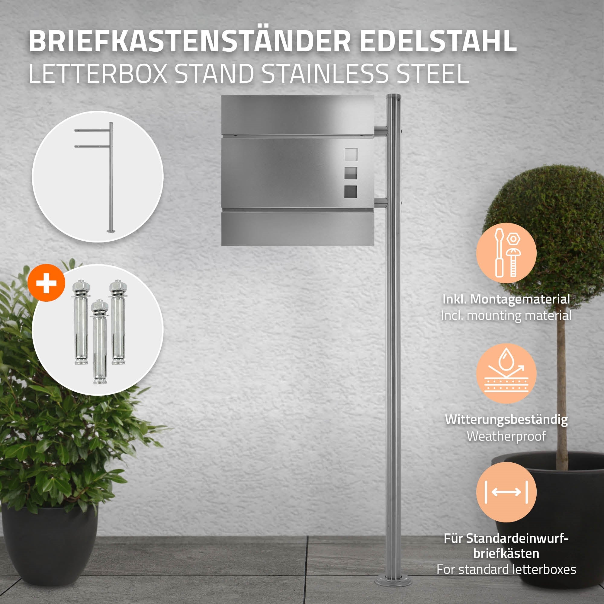 Edelstahl-Briefkastenständer mit Montagezubehör auf hellem Hintergrund.