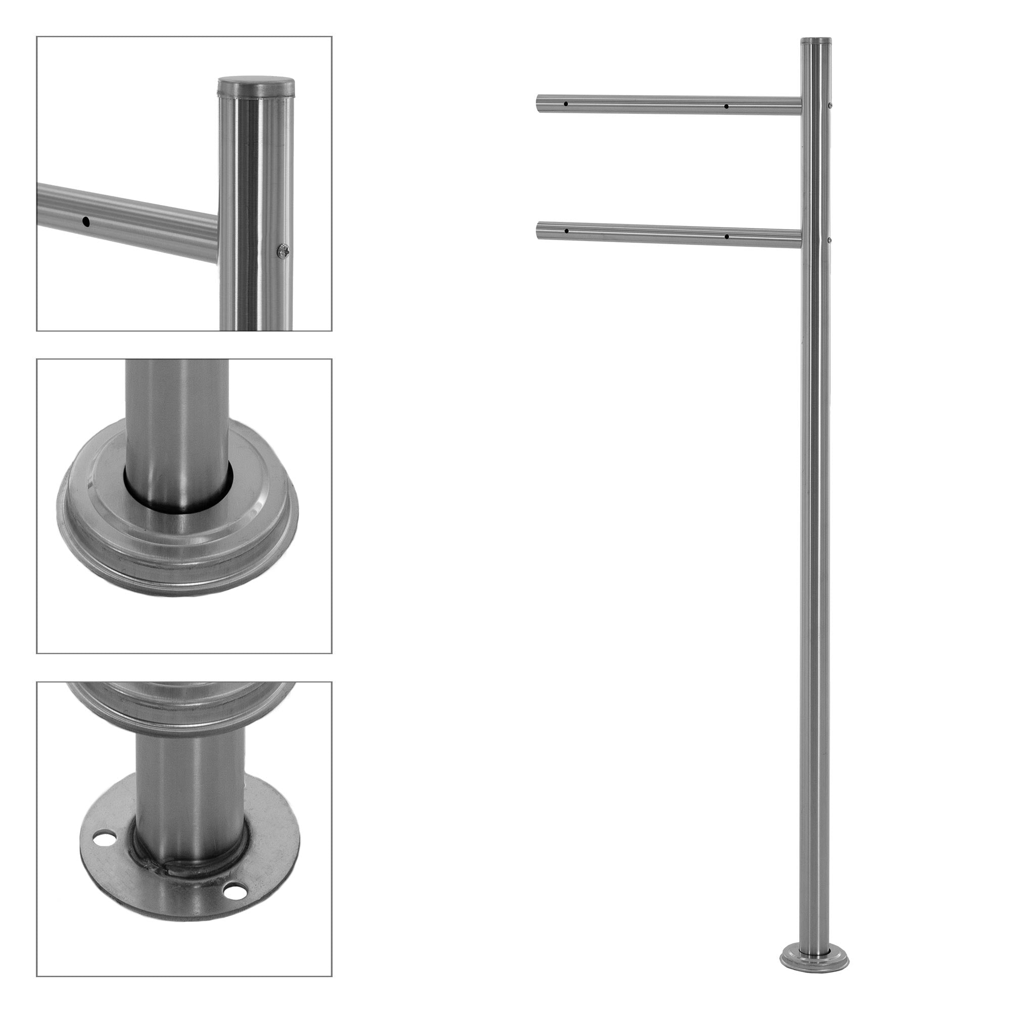 Detail view of a metal mailbox stand with two horizontal brackets.