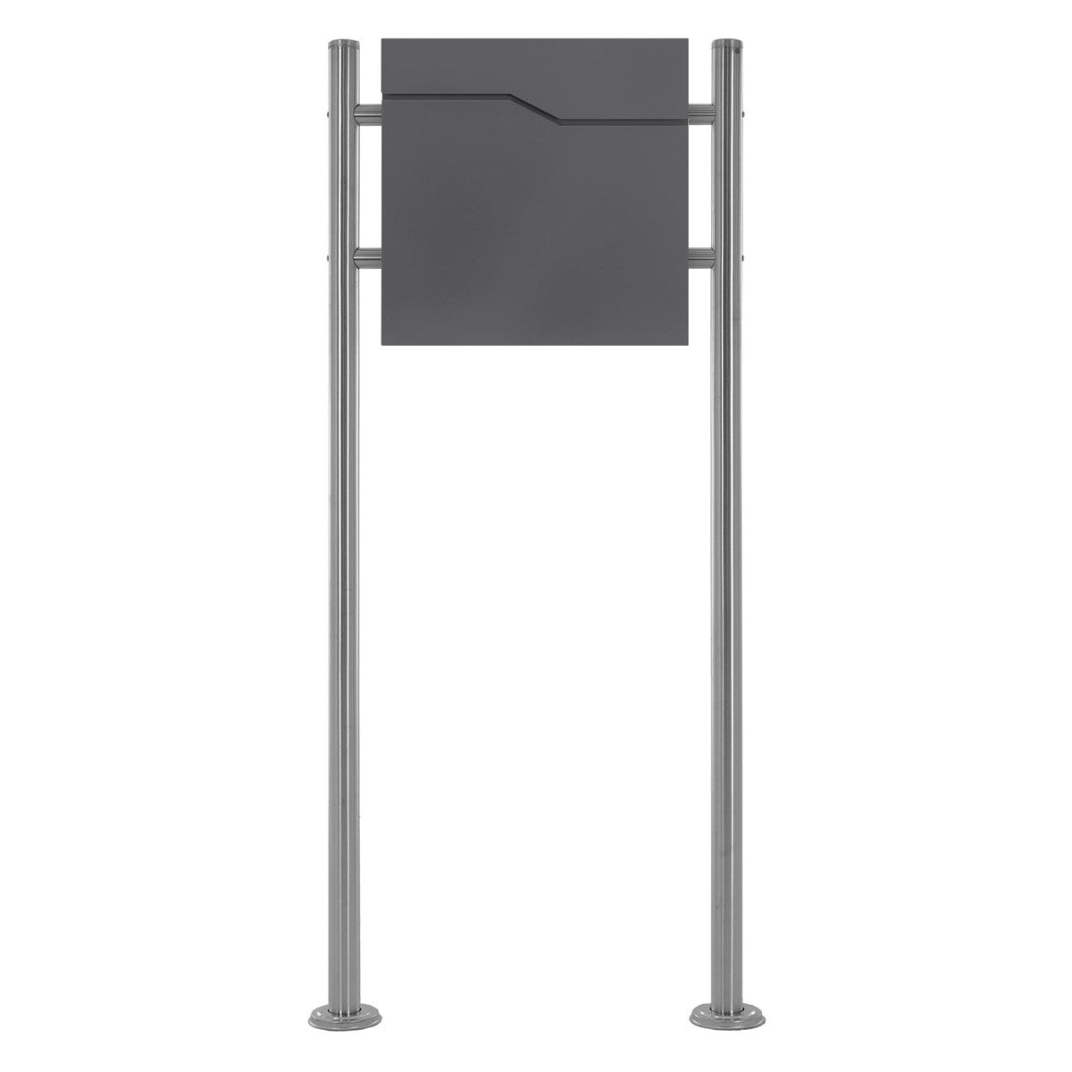 Graues Schild auf zwei Metallpfosten, senkrecht montiert.