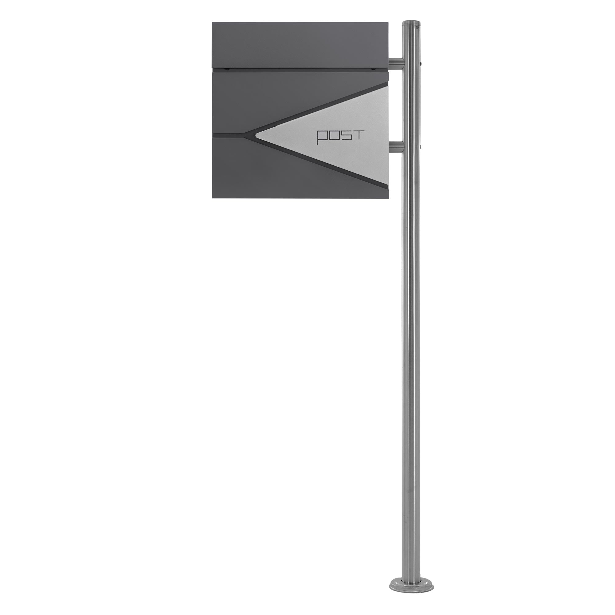 Standing mailbox with gray and silver front.