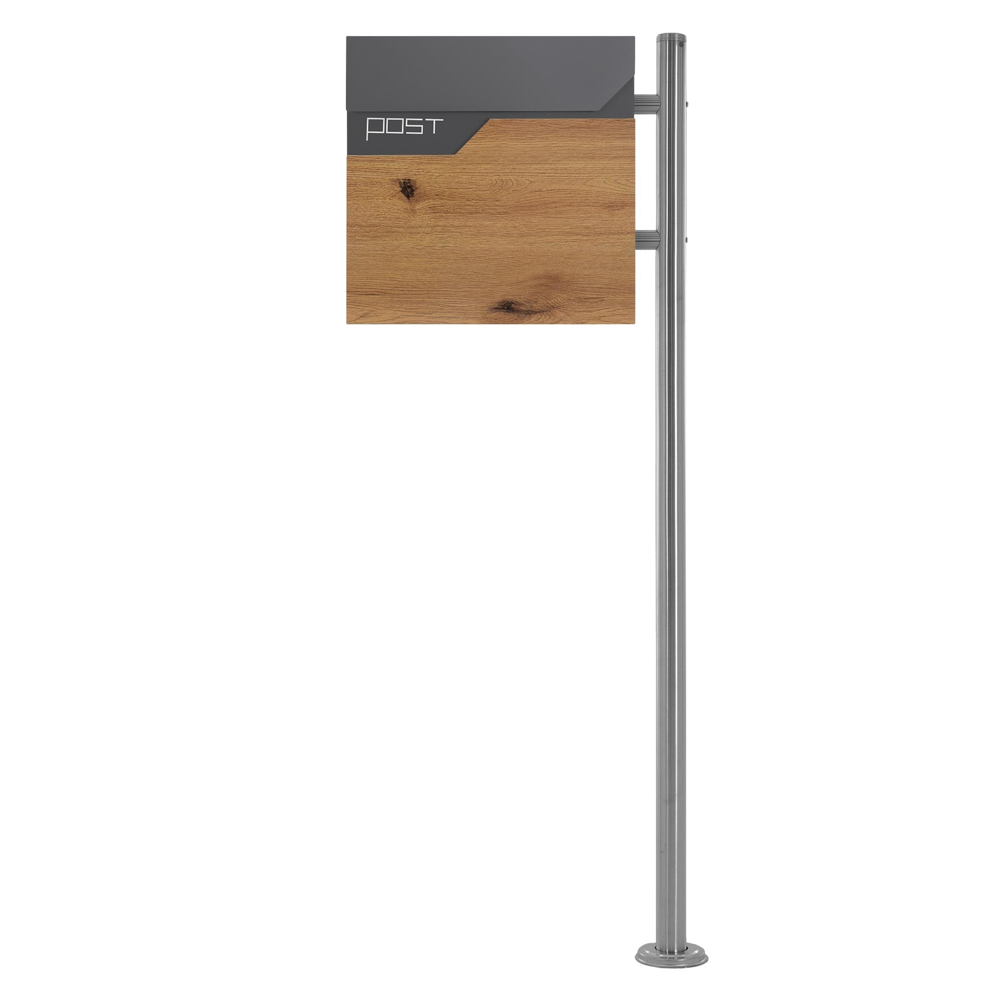 Moderne Briefkastenanlage aus Holz und Metall auf einem stabilen Pfosten.