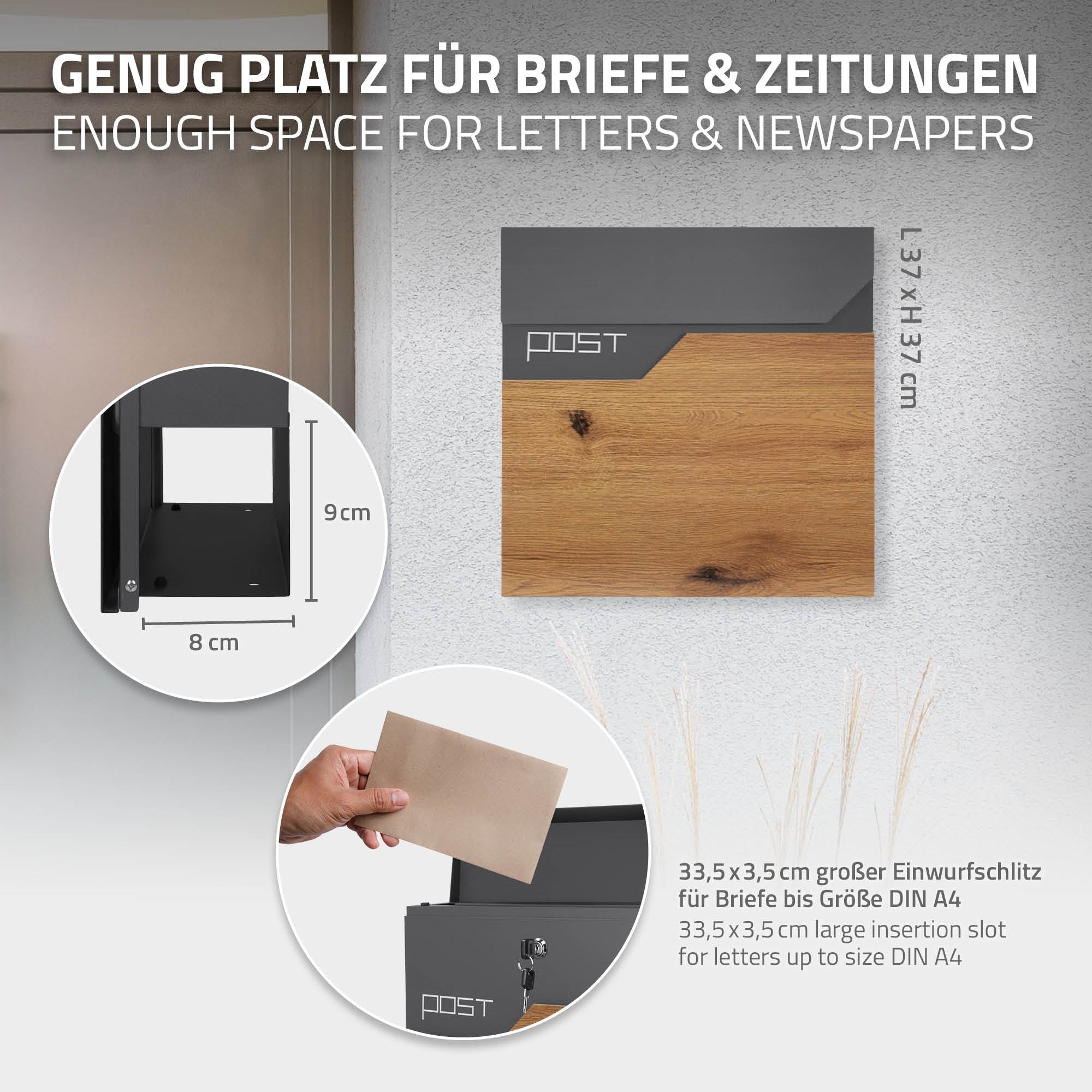 Briefkasten mit Einwurf für Briefe und Zeitungen, Maße angegeben.