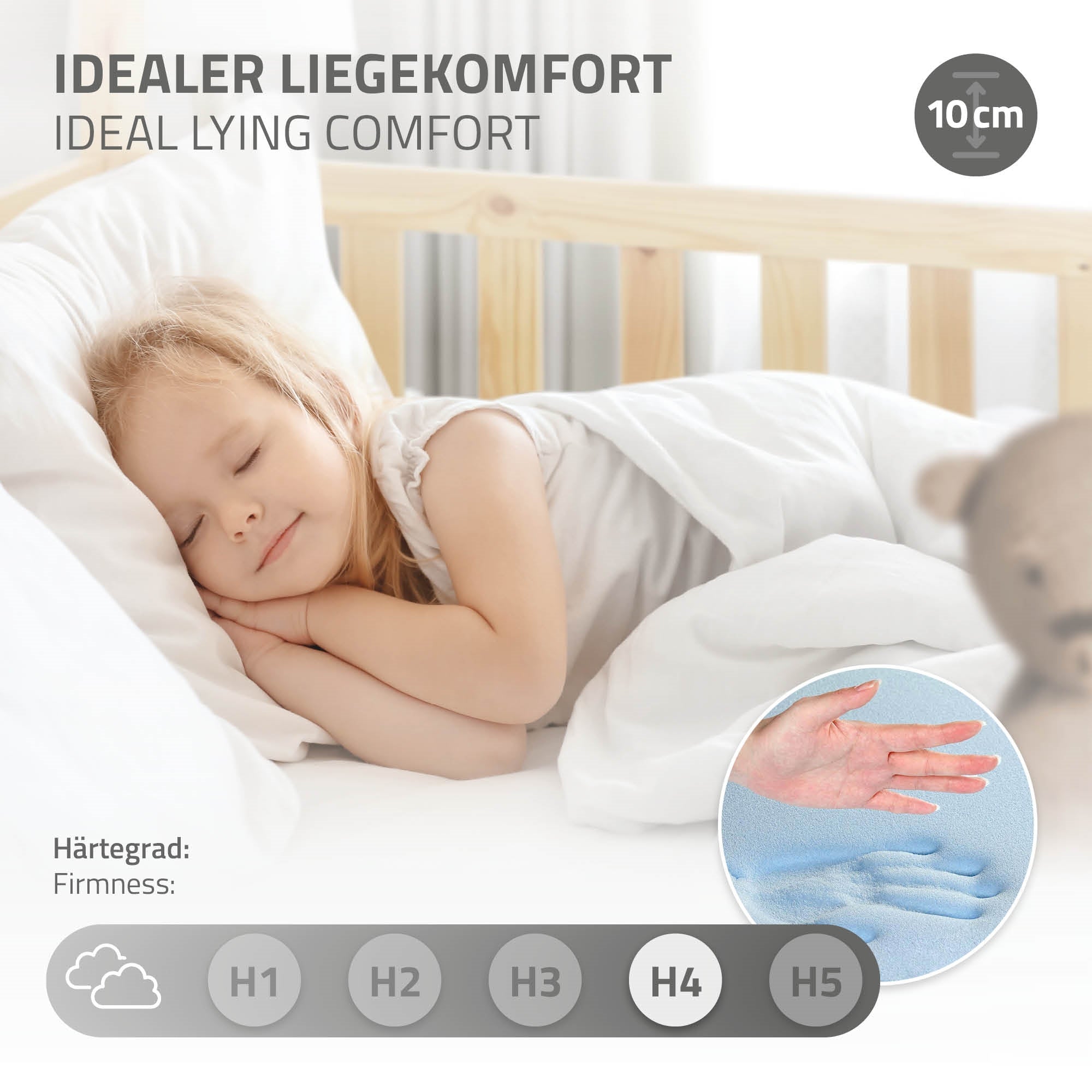 Schlafendes Kind auf einer Matratze mit dem Hinweis auf idealen Liegekomfort.