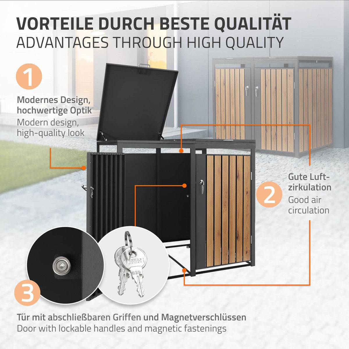Mülltonnenbox mit modernen Design und guter Luftzirkulation.