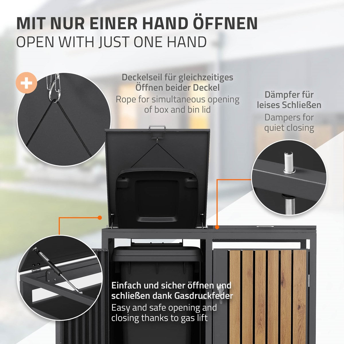 Mülltonnenbox mit Deckel, der mit einer Hand geöffnet werden kann.
