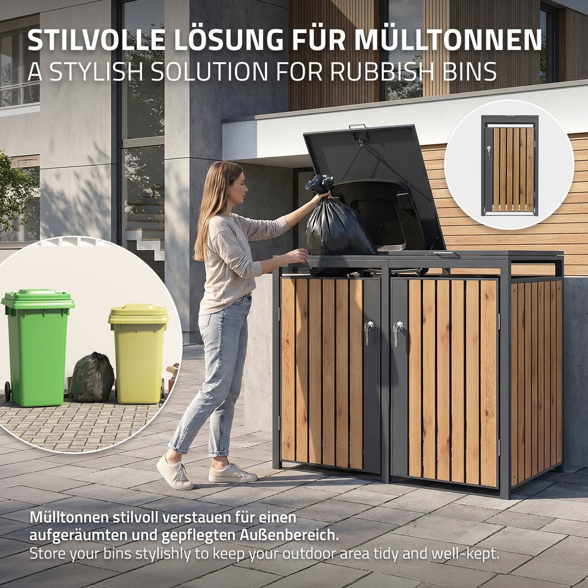 Frau öffnet eine Mülltonnenbox mit Holzverkleidung im Außenbereich.