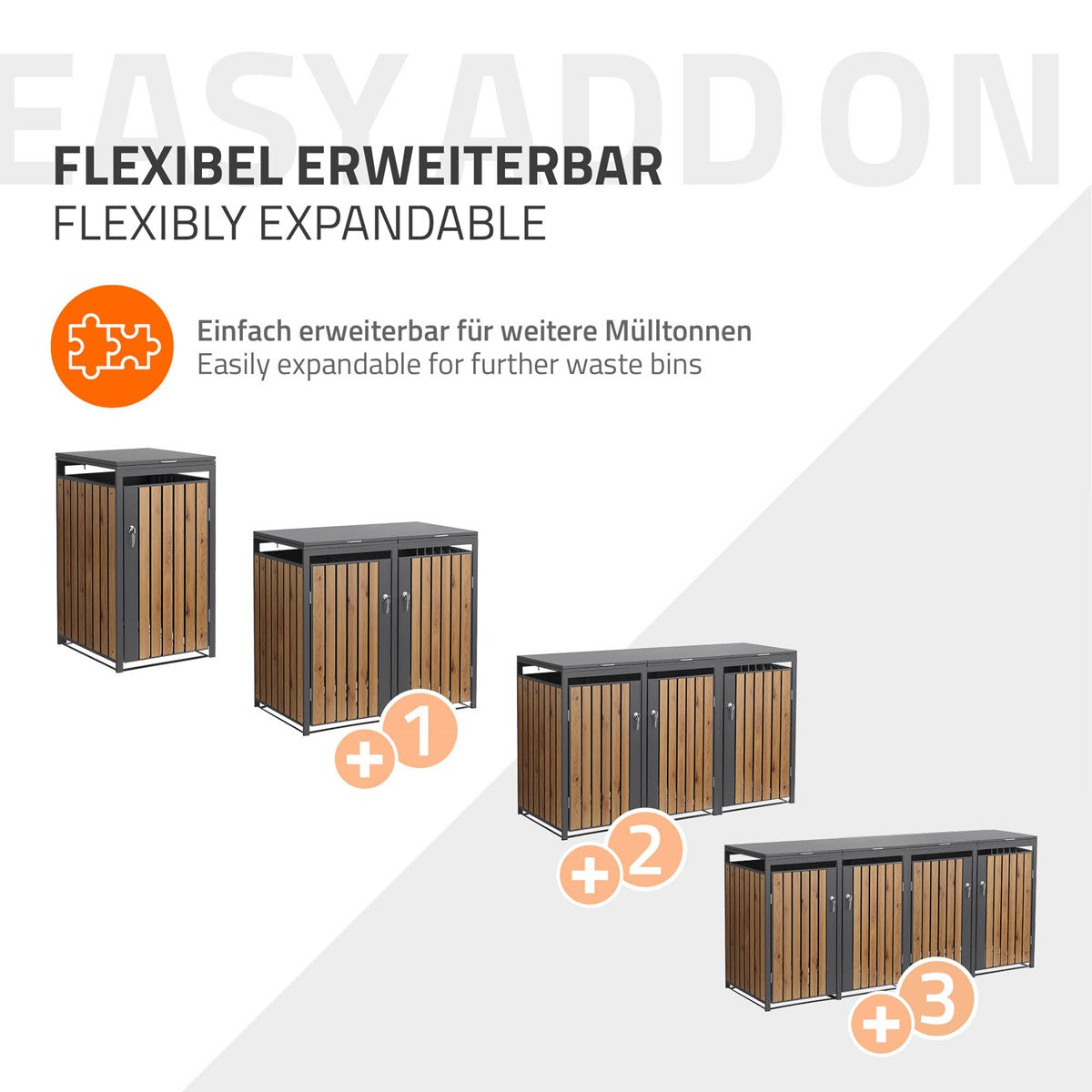 Erweiterbare Mülltonnenbox mit mehreren Modulen in Holzoptik.