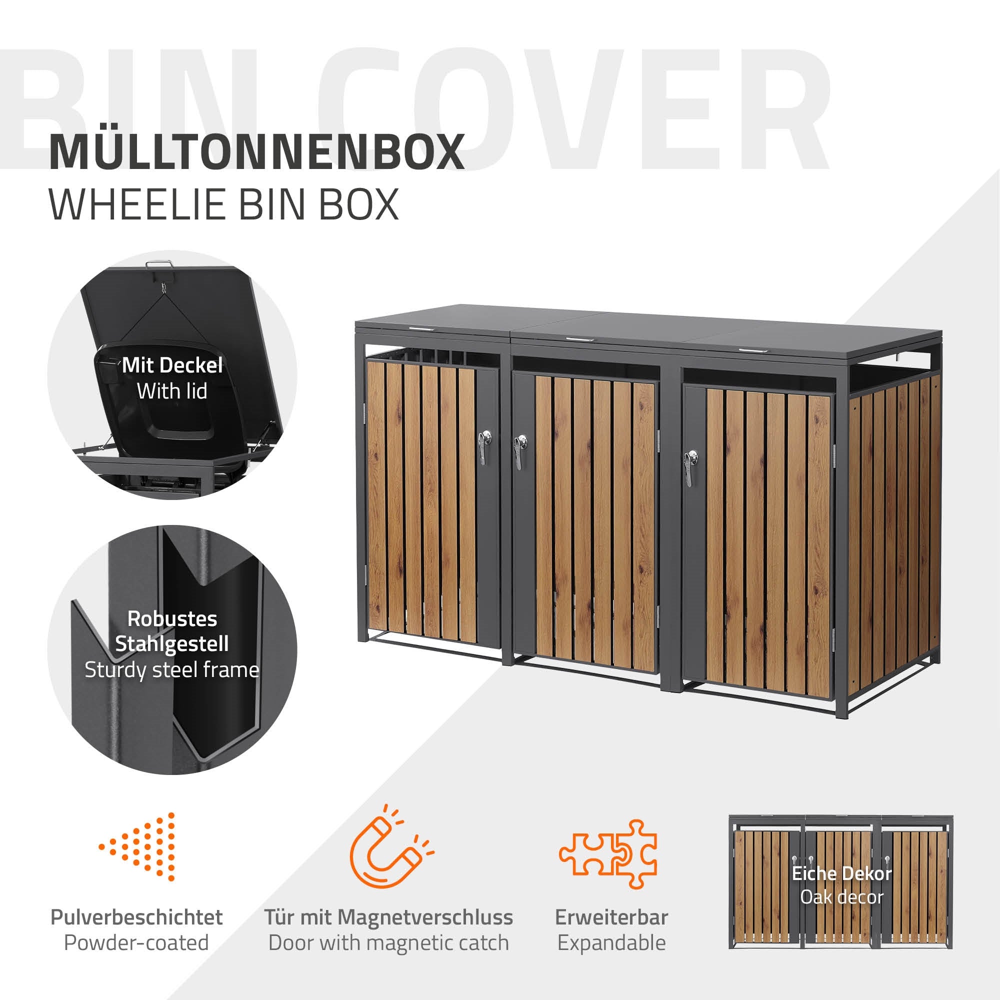 Mülltonnenboxen in Reihe mit Deckel und stabiler Konstruktion.