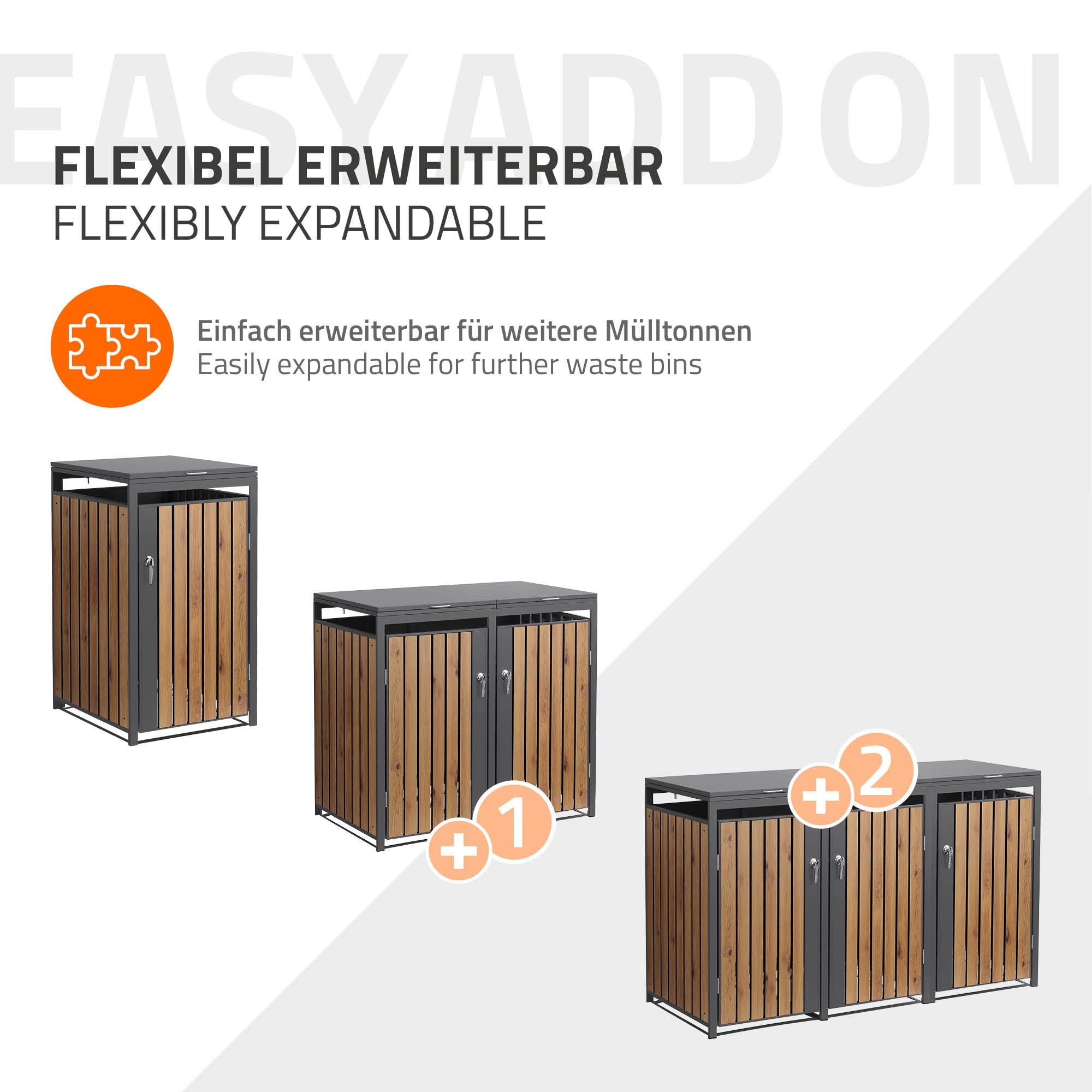 Grafik zur flexiblen Erweiterbarkeit von Mülltonnenboxen.