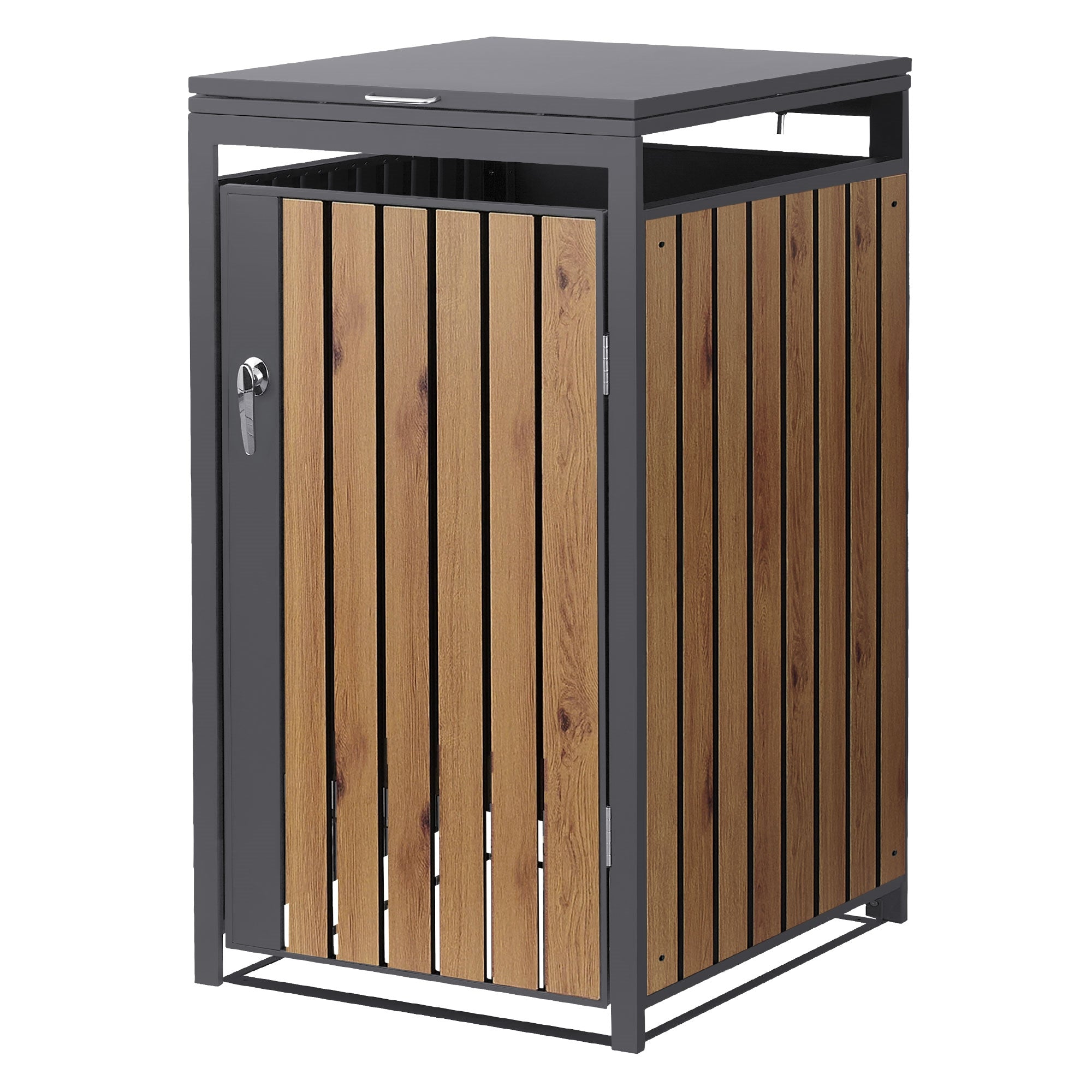 Mülltonnenbox mit Holzoptik und Schloss.