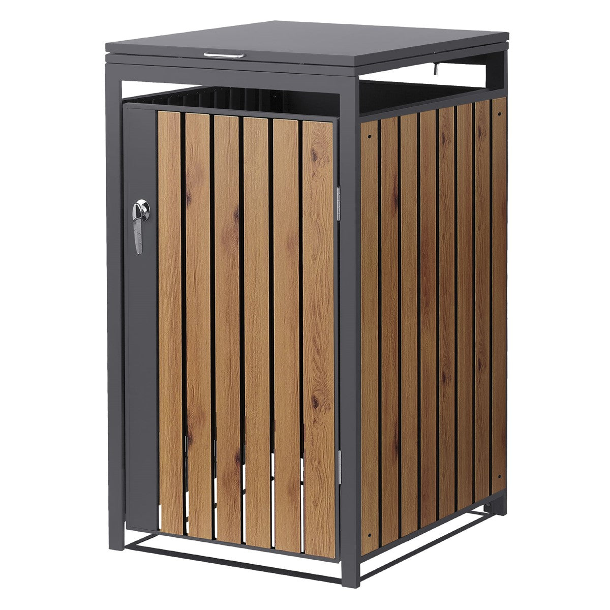 Wheelie bin enclosure with a wood finish and lock.