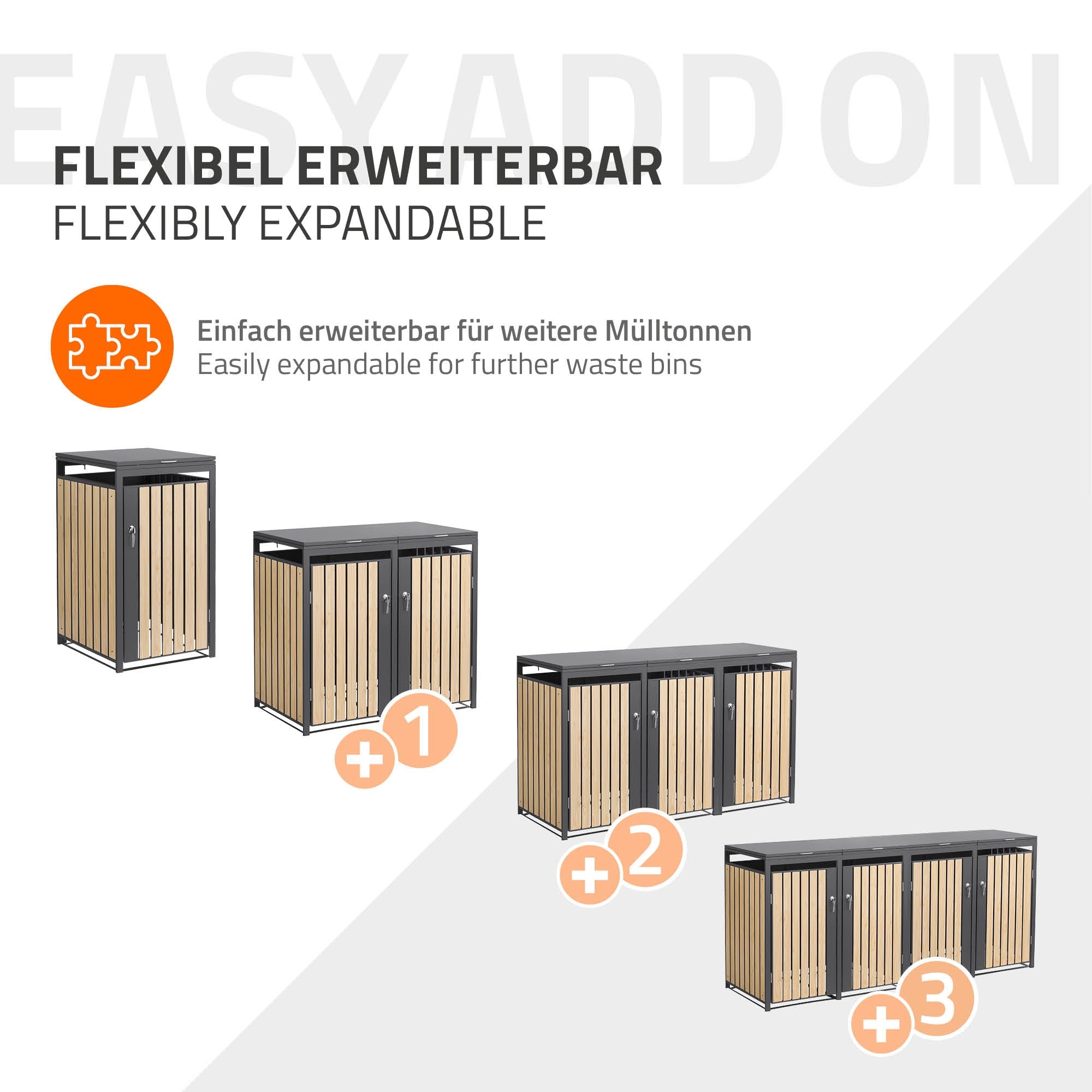 Gráfico que muestra contenedores de basura expandibles con apariencia de madera y metal.