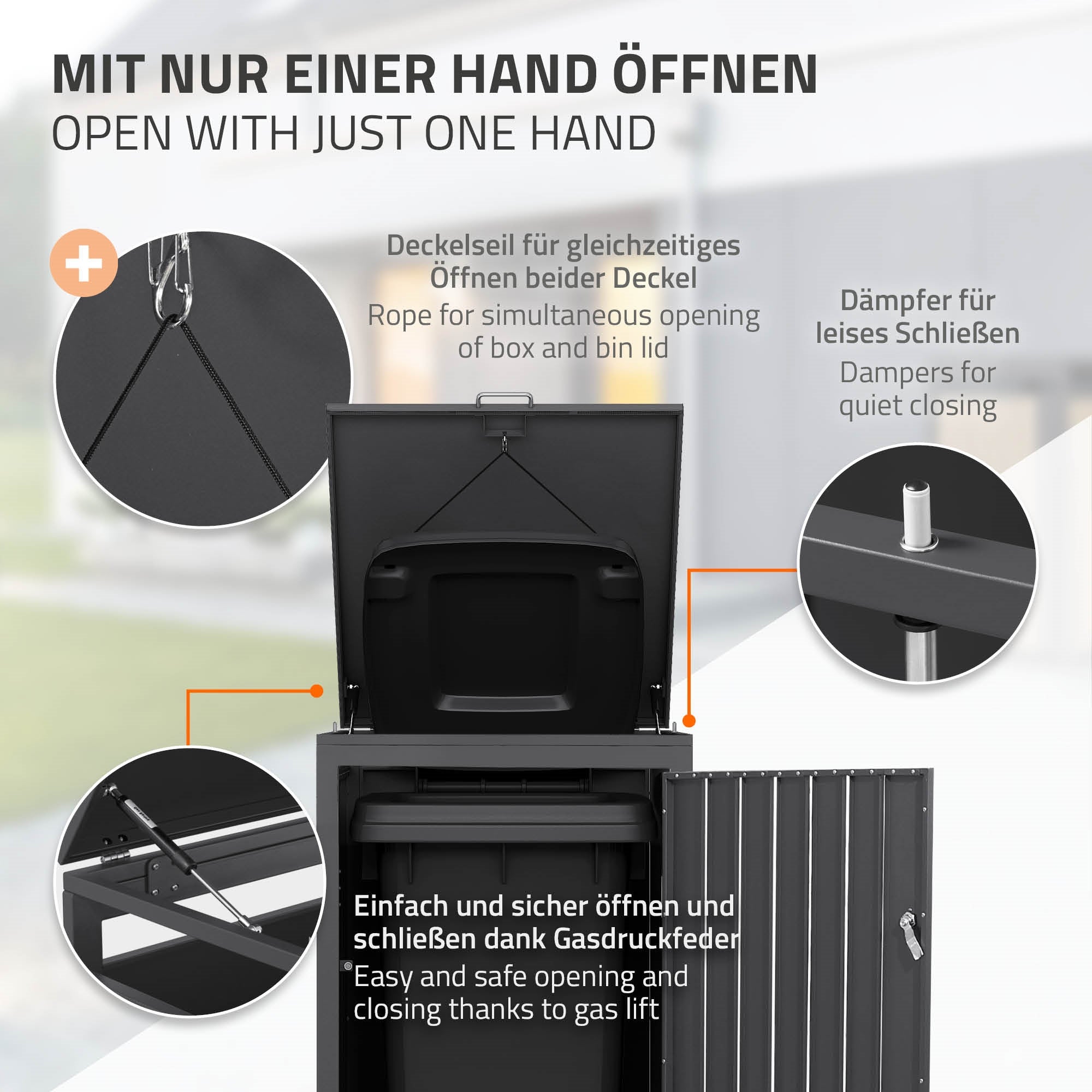 Grafik zur Bedienung der Mülltonnenbox mit einem Handgriff und Däm