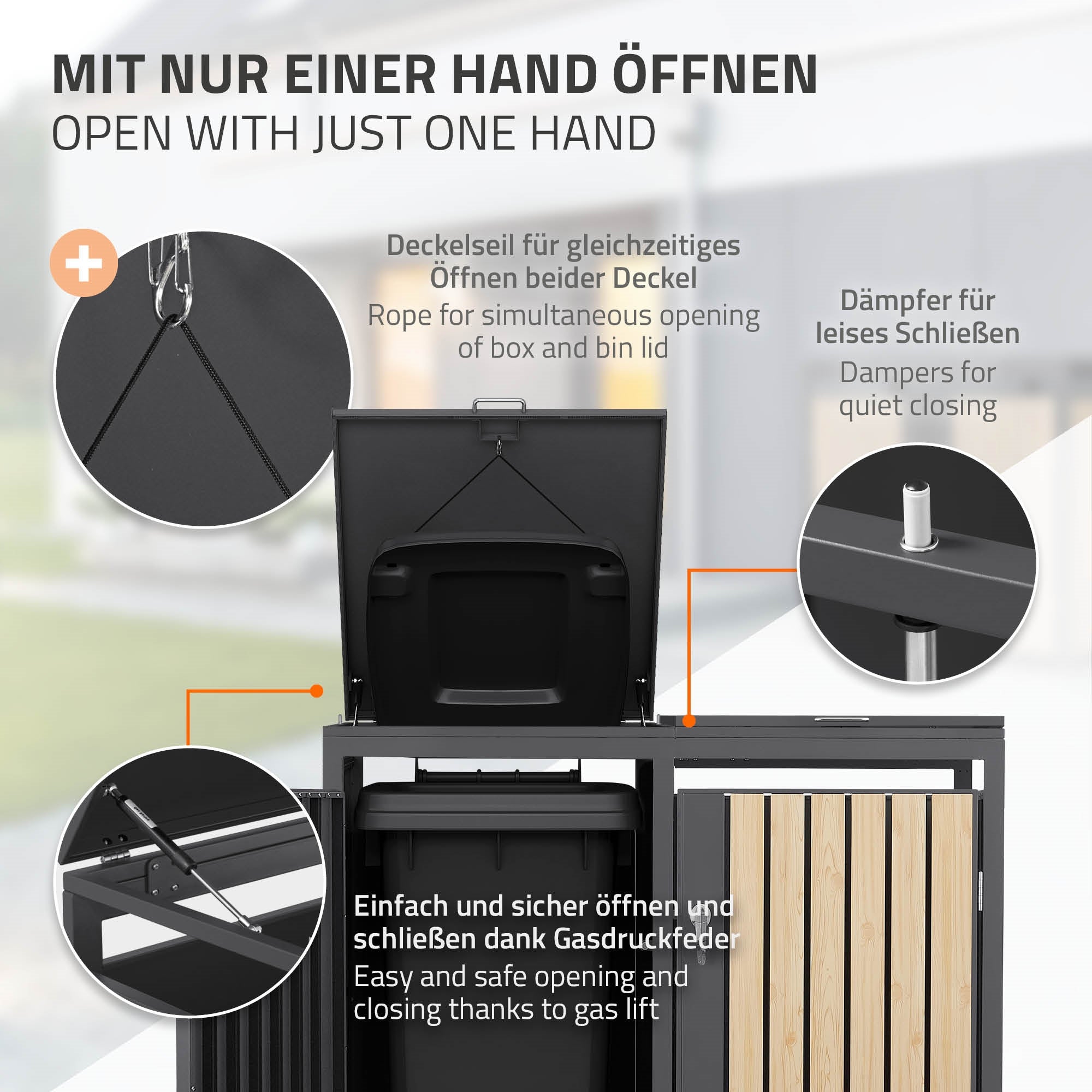 Schwarzer Kasten mit Holzverkleidung, der geöffnet wird. Text
