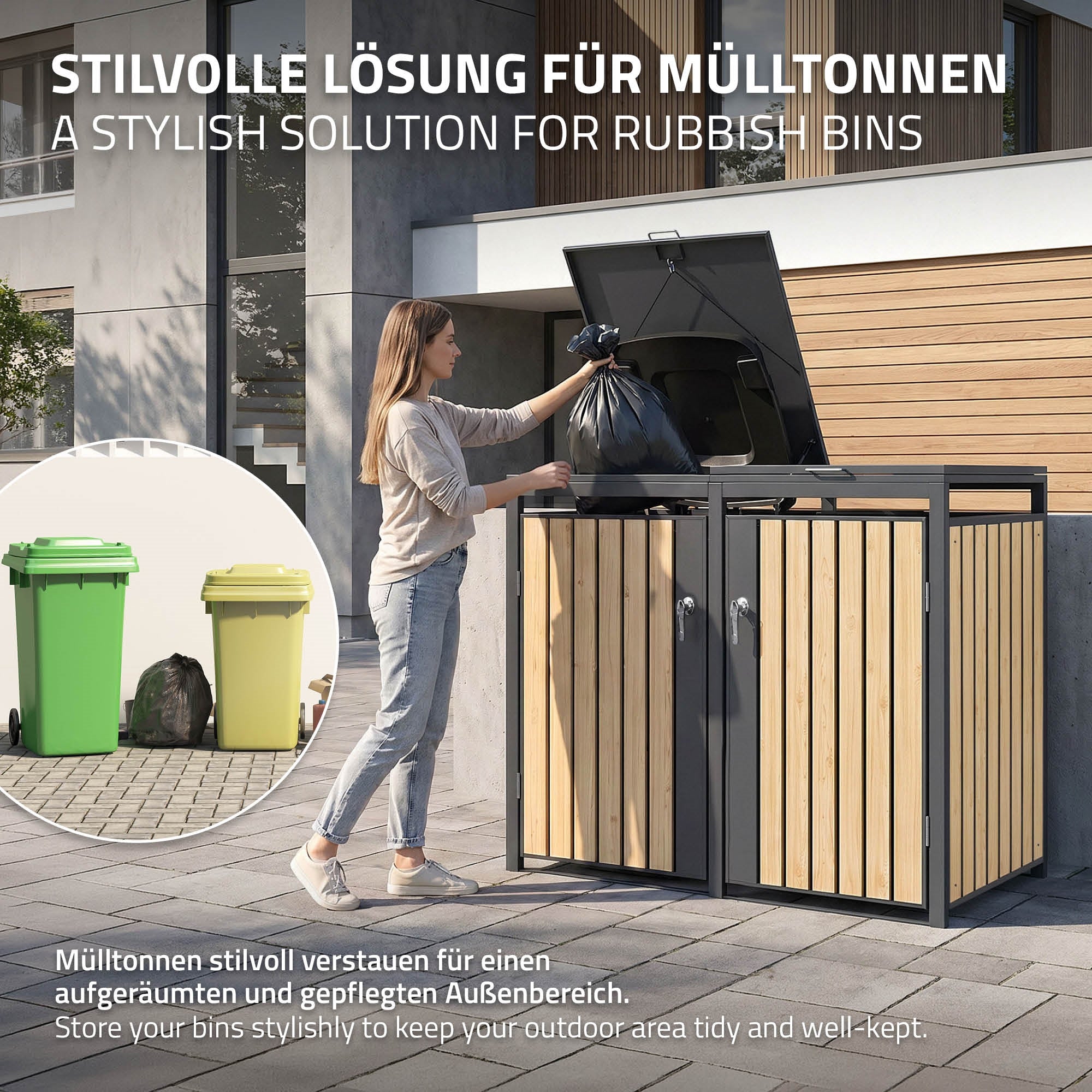Eine Frau öffnet einen Mülltonnenbehälter aus Holz und Metall