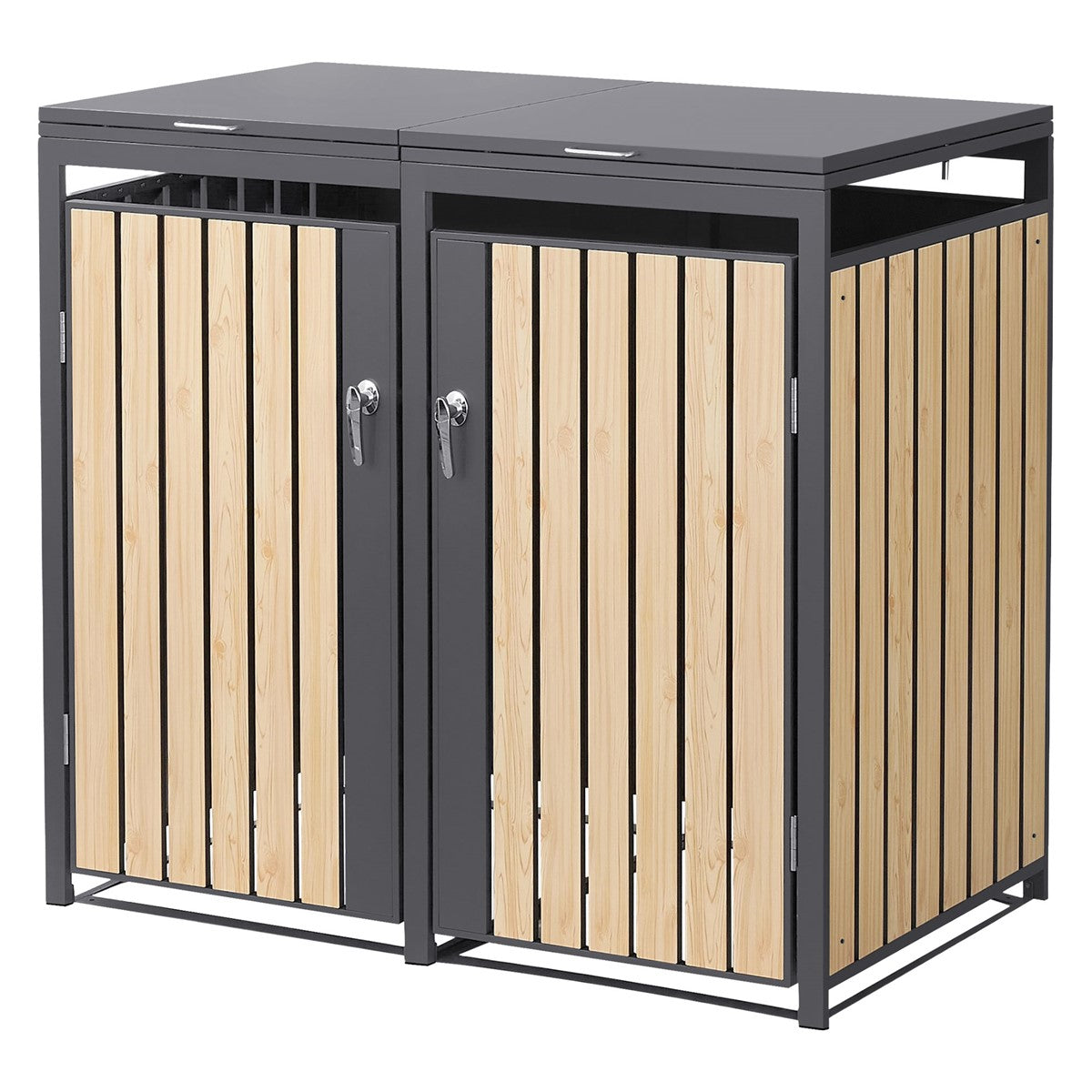 Two cabinets with wooden slats and gray doors.