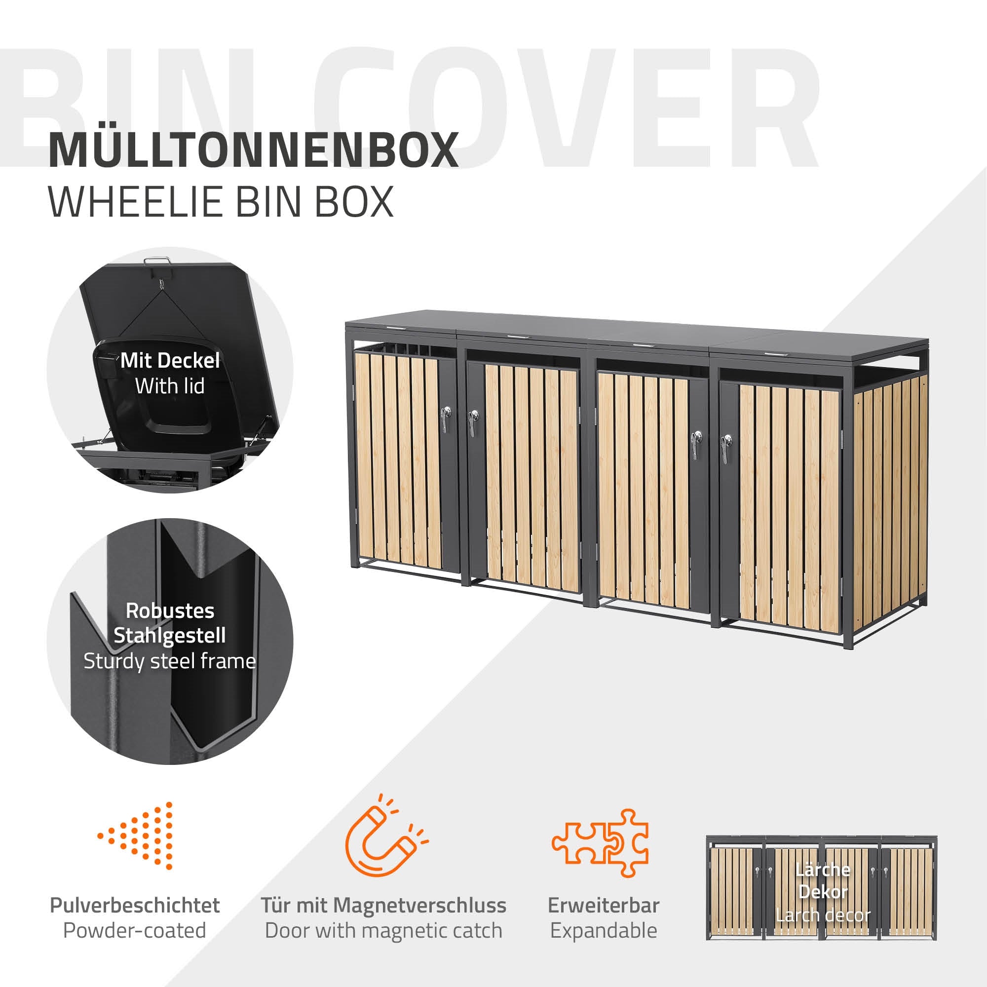 Mülltonnenbox mit Deckel und robustem Stahlgestell.