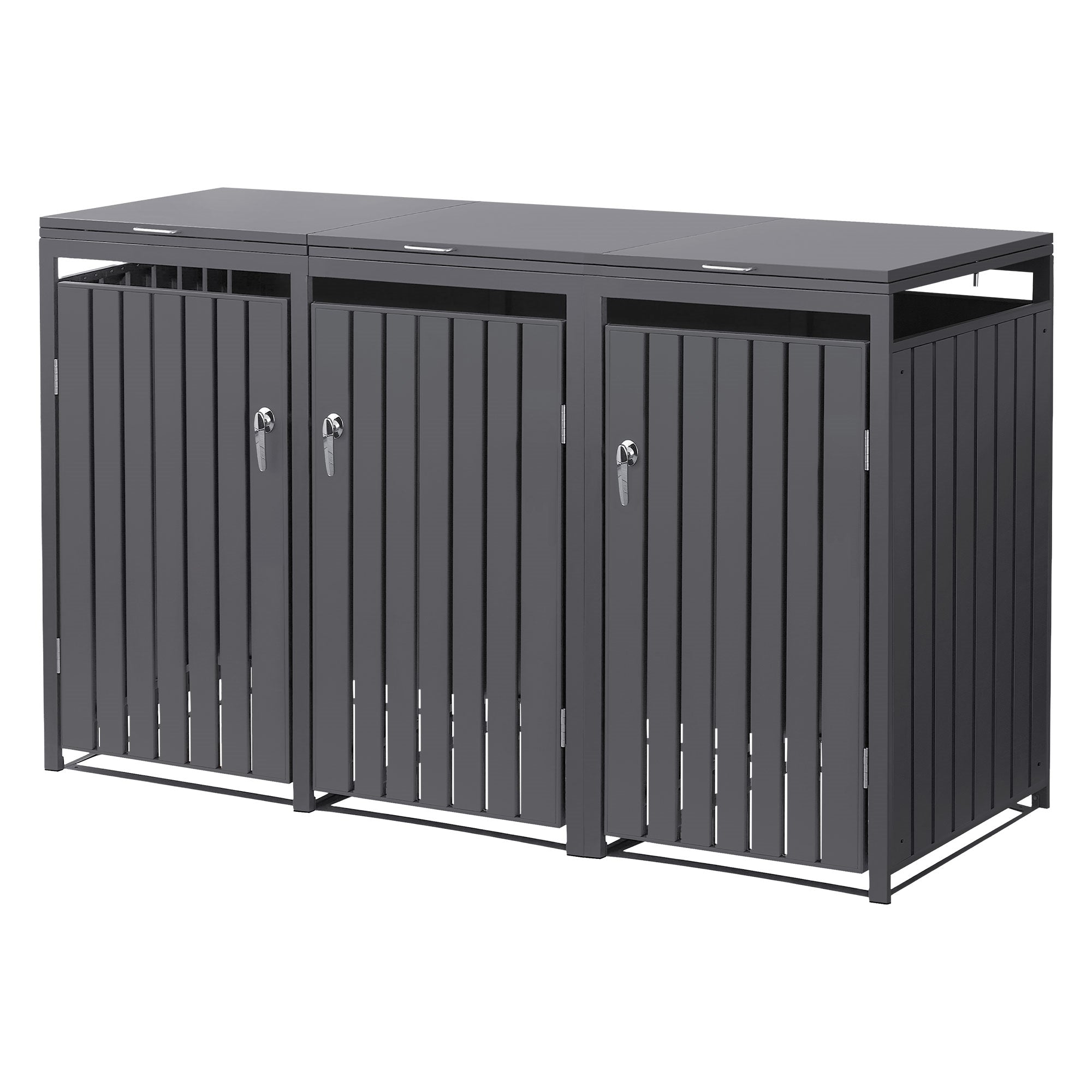 Box per bidoni della spazzatura con tre porte e senza coperchio.