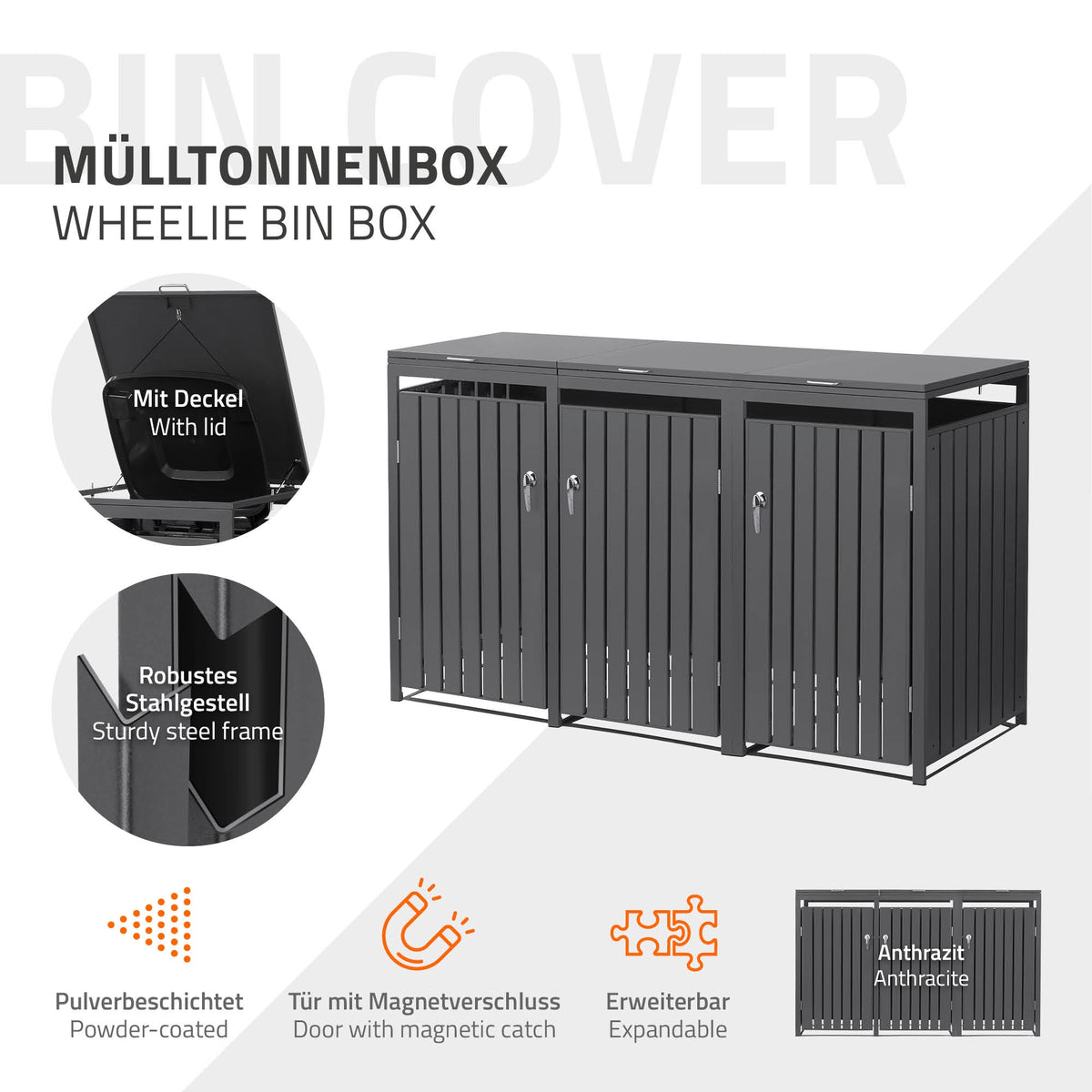 Mülltonnenbox mit Deckel und drei Türen aus Stahl.