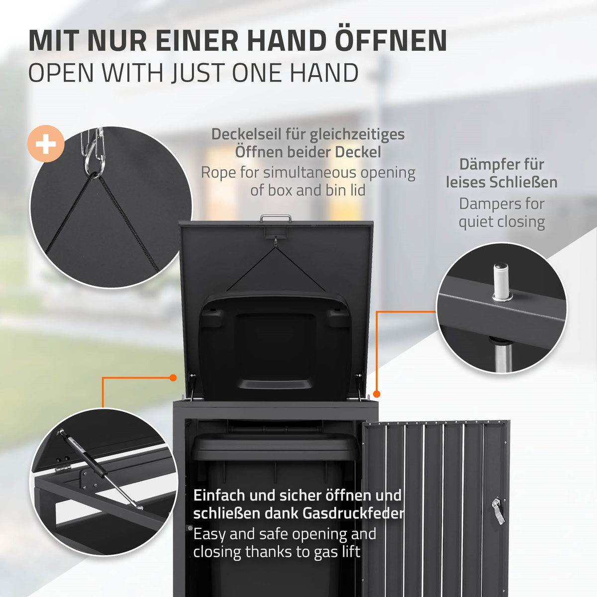 Grafik mit Anleitung zum Öffnen eines Deckels mit einer Hand.