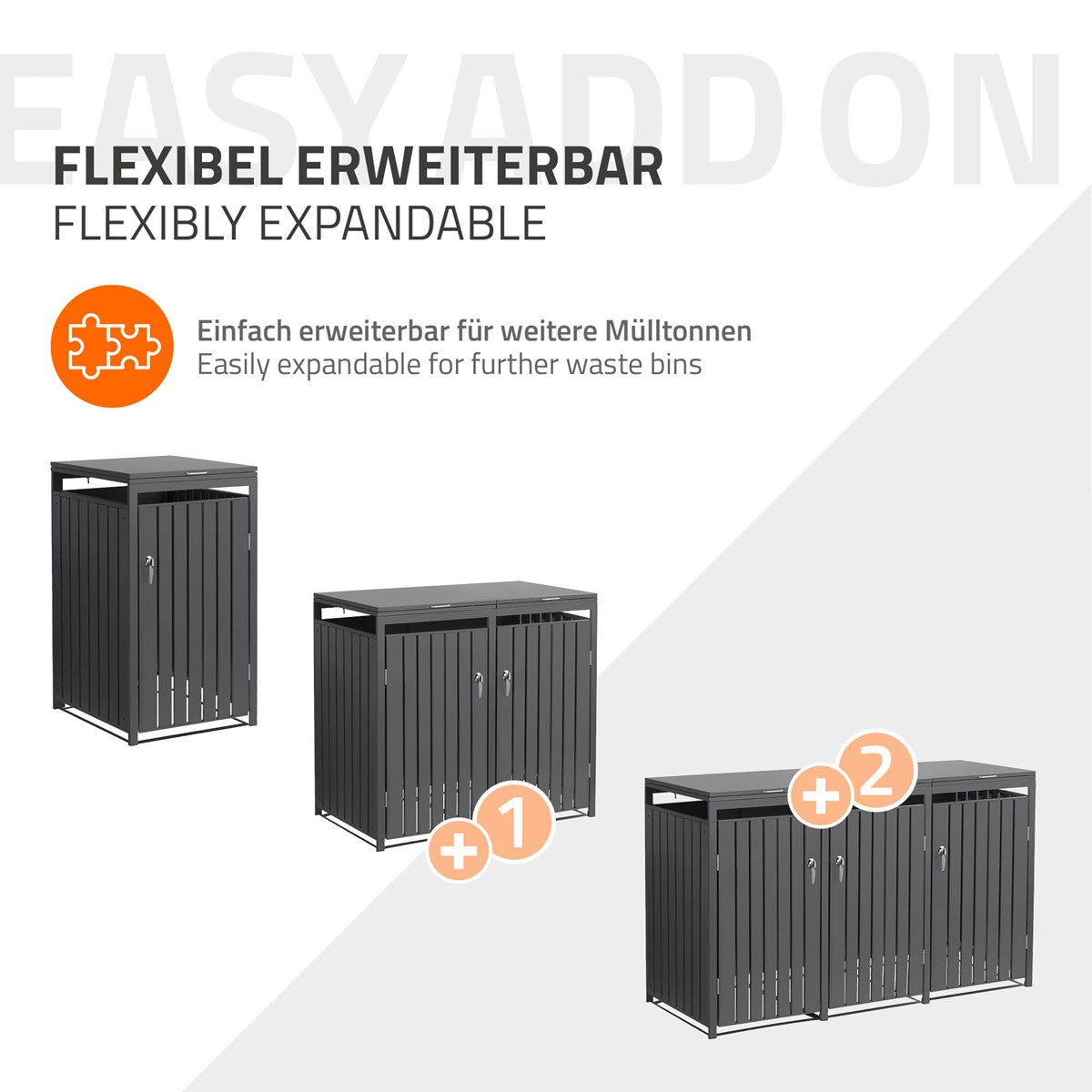 Grafika zobrazuje rozšiřitelné odpadkové koše s flexibilním uspořádáním.