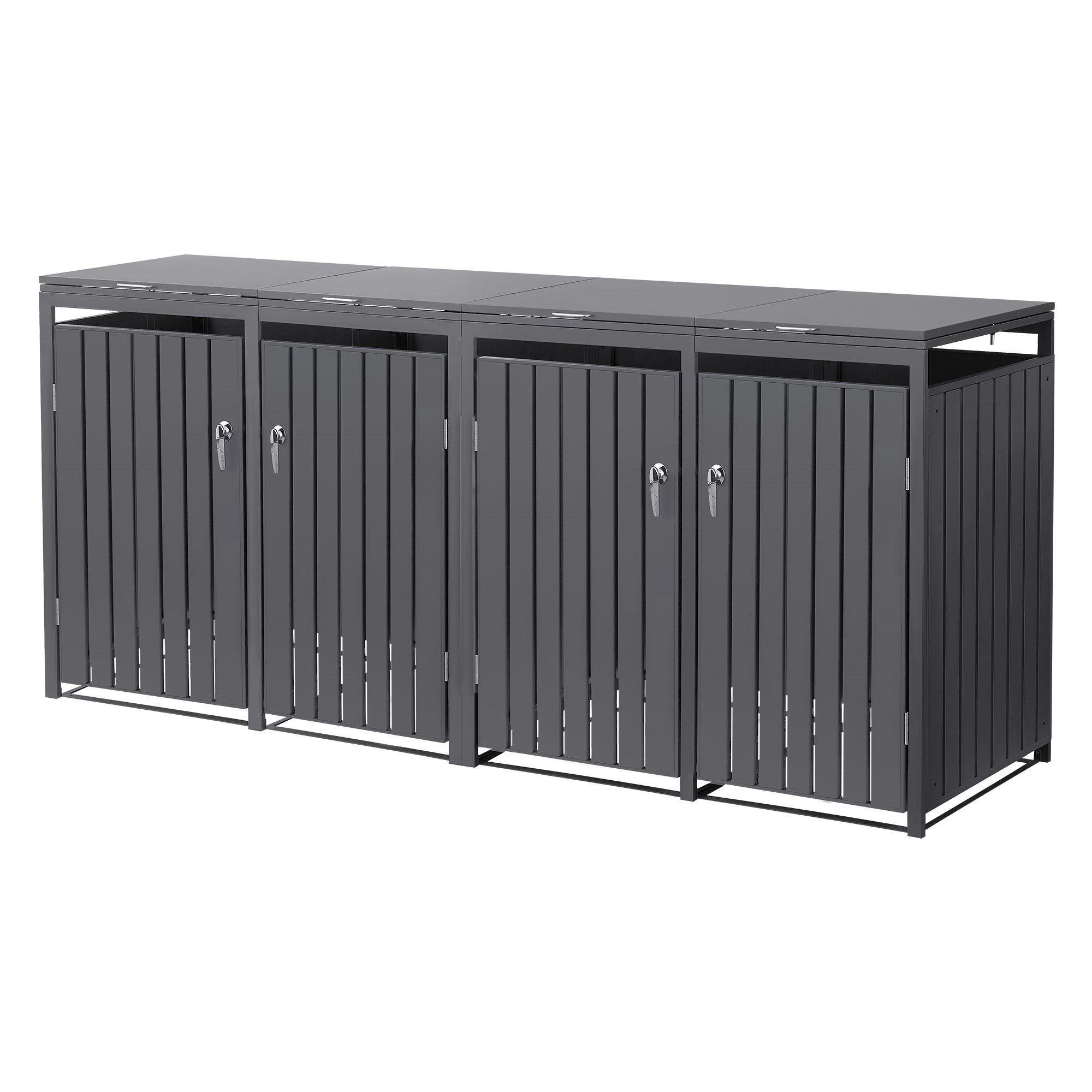 Mülltonnenbox mit vier Türen, aus pulverbeschichtetem Stahl.