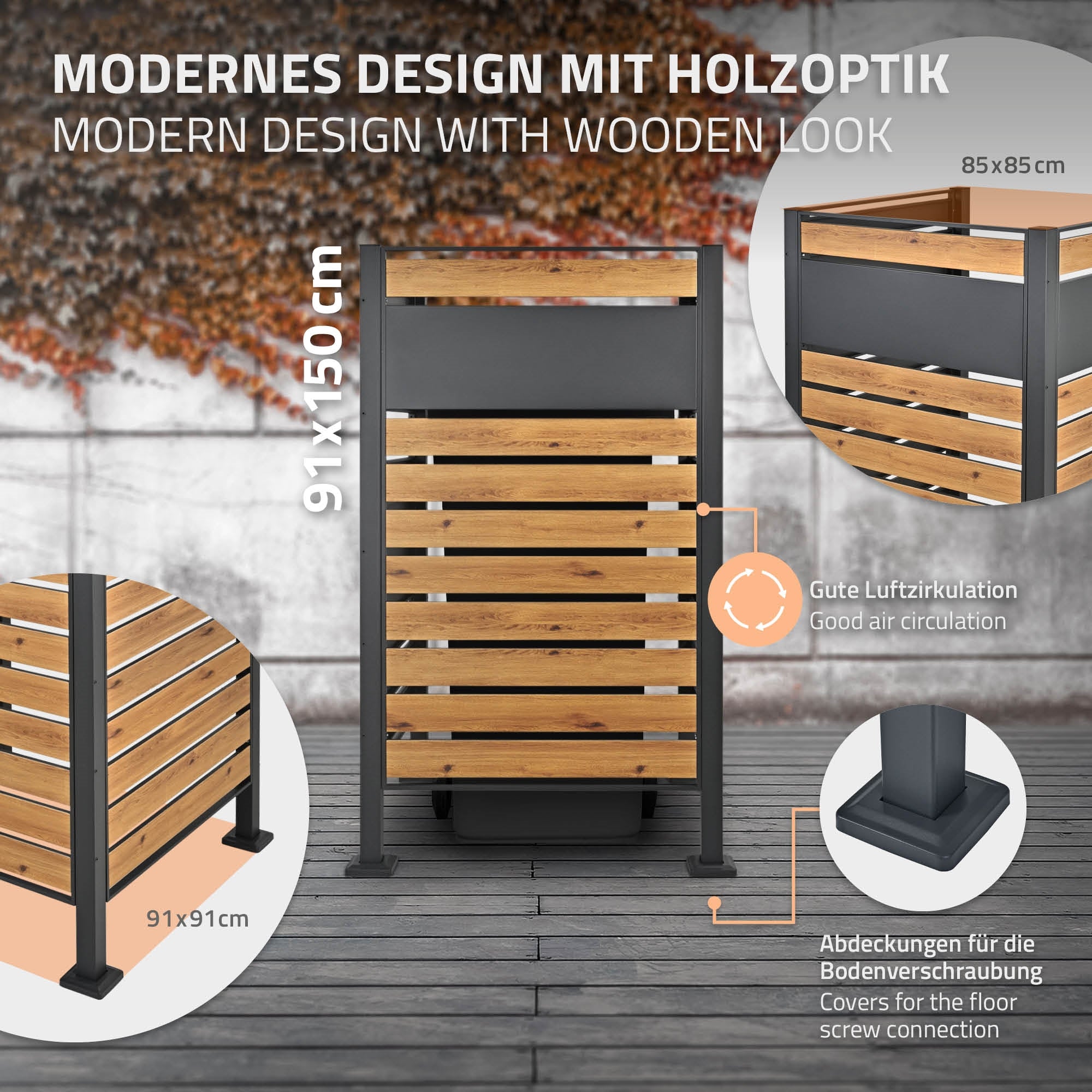 Mülltonnenverkleidung mit Holzoptik und guter Luftzirkulation.