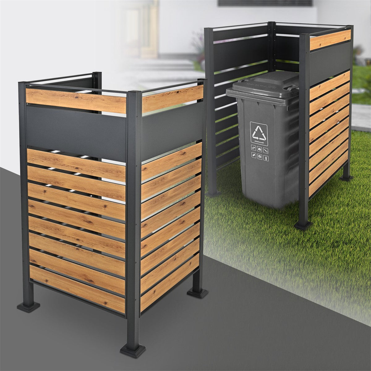 Wood and metal bin enclosure with two bins.