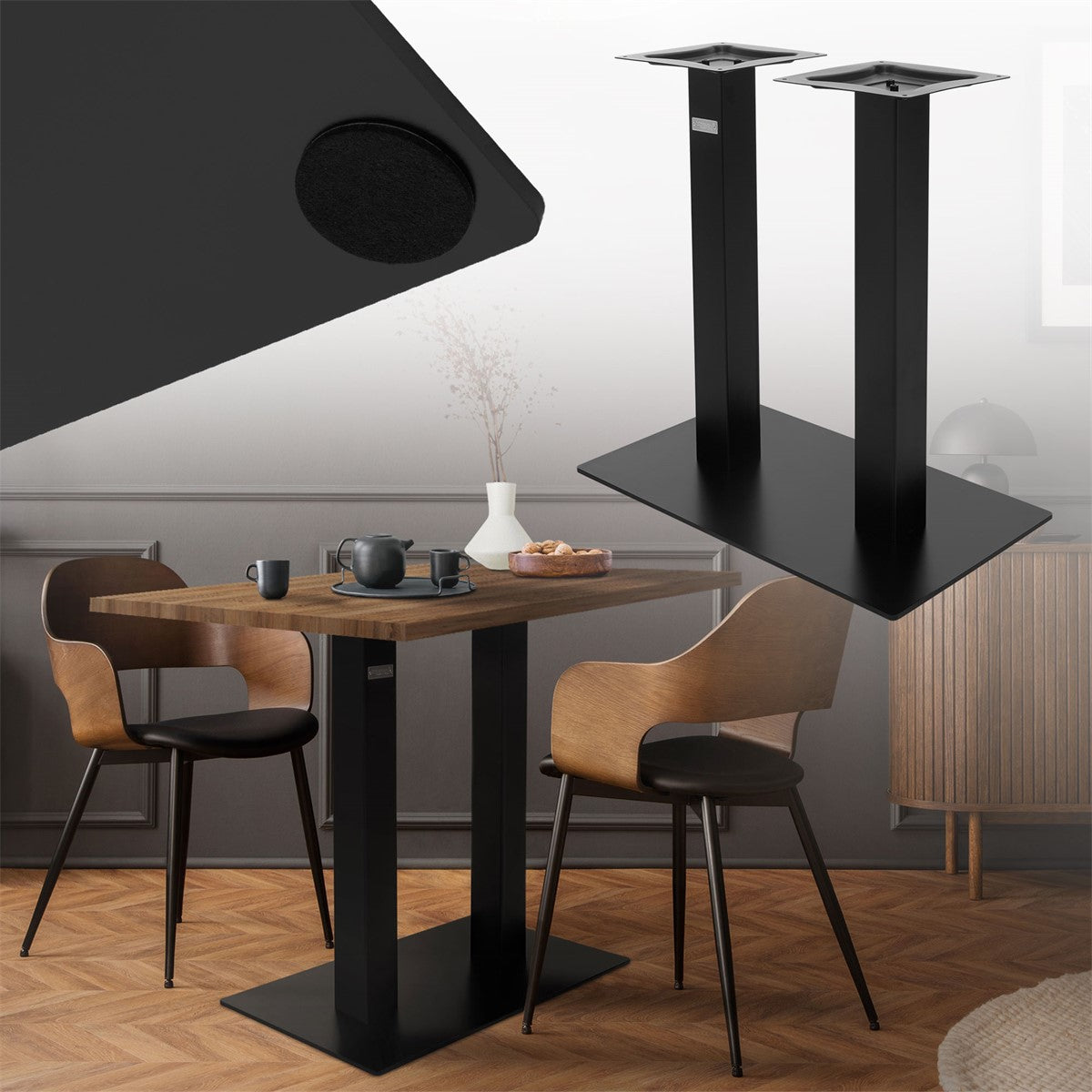 Uma mesa com duas cadeiras num espaço moderno.