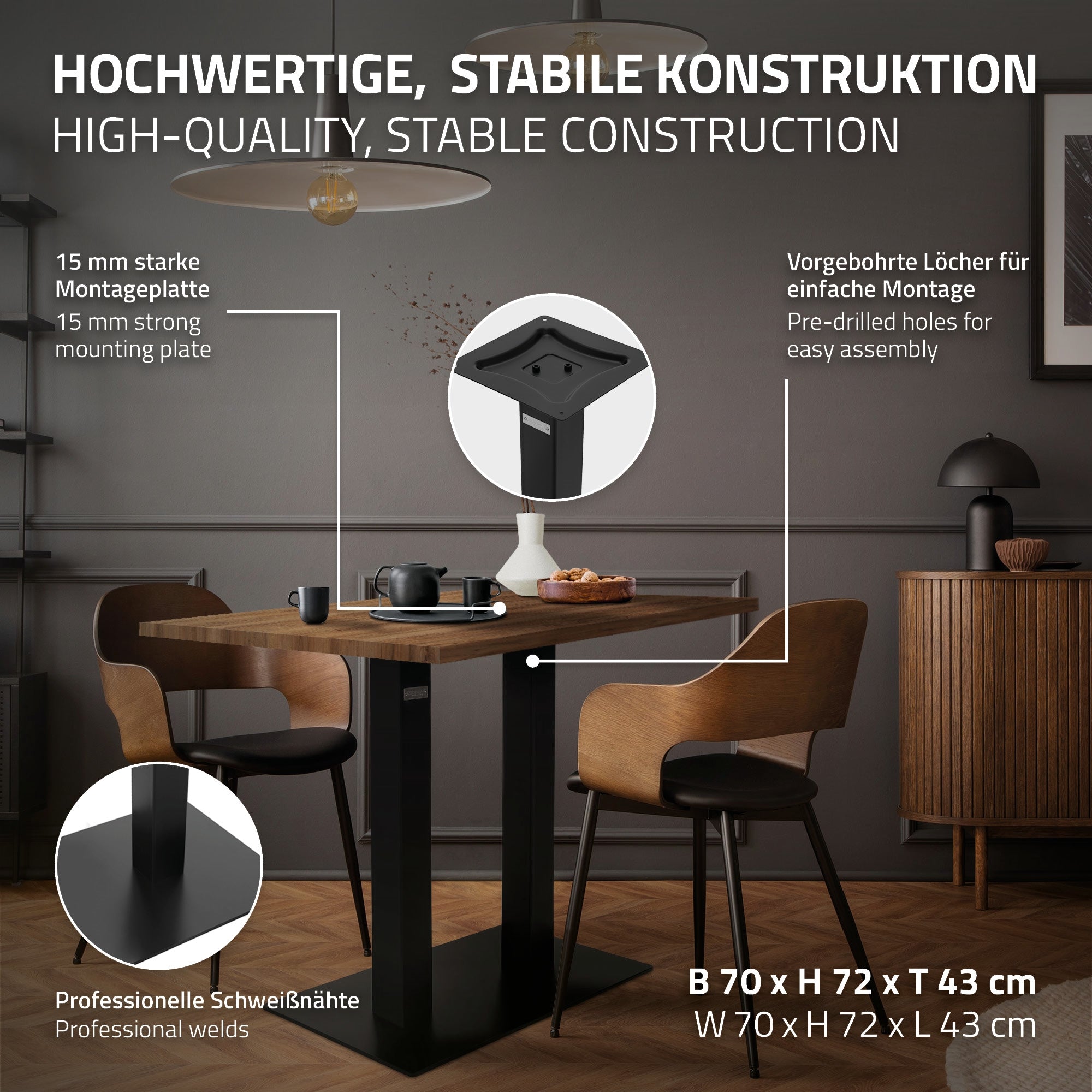Tisch mit stabiler Konstruktion und Montageplatte.