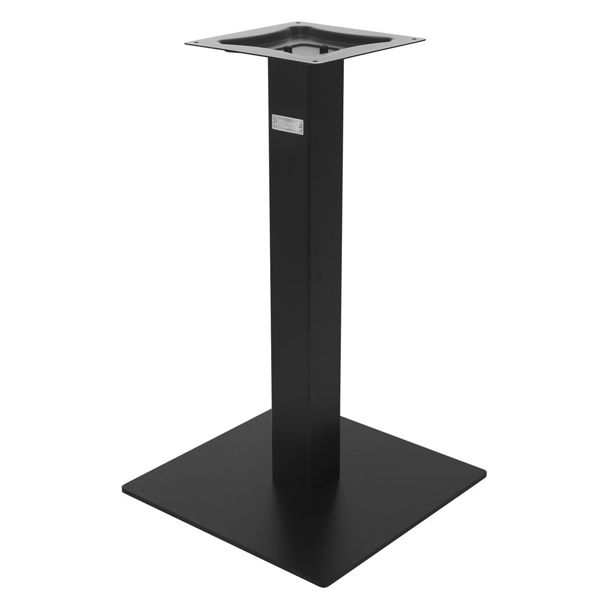 Um pé de mesa preto com uma base quadrada e uma placa de fixação quadrada.