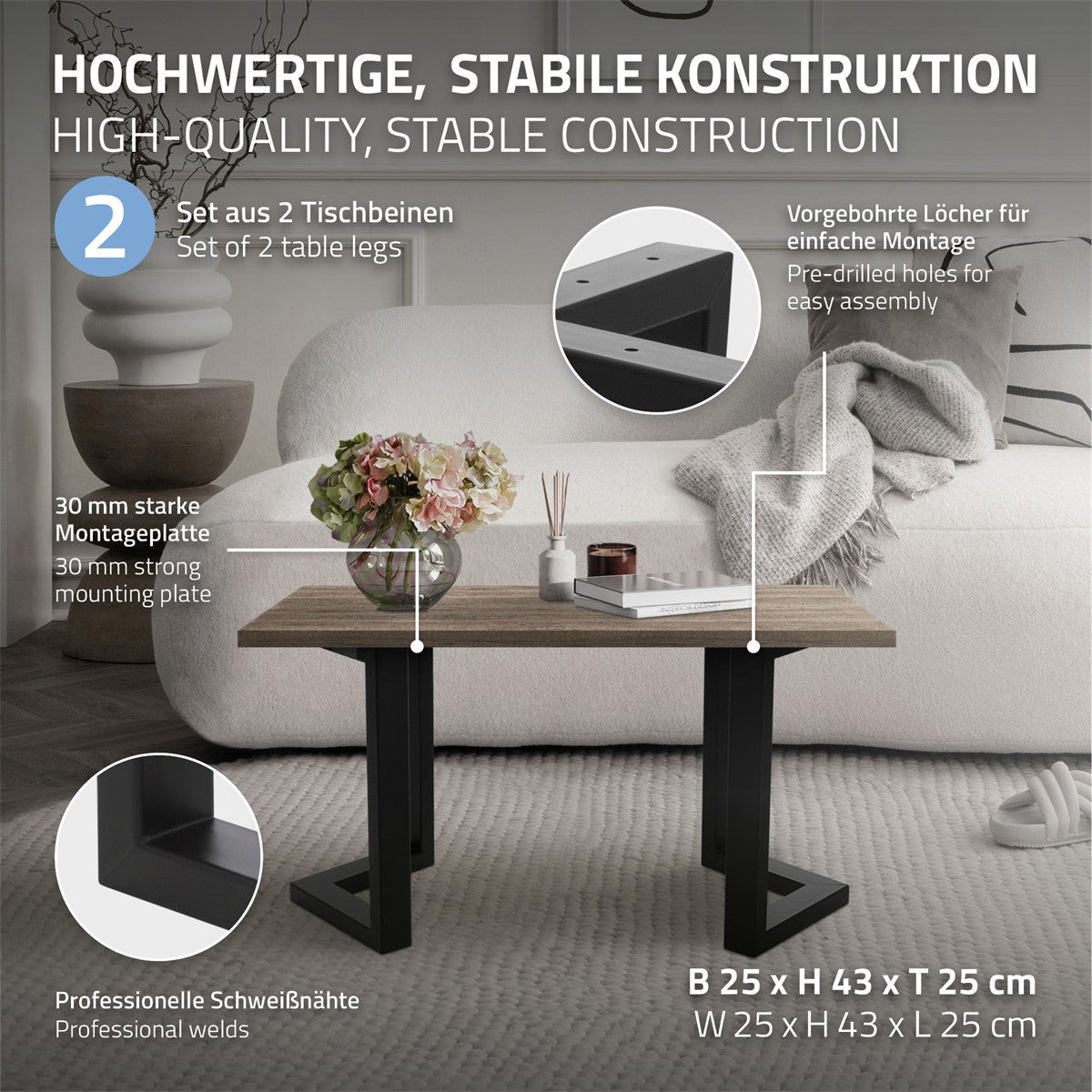 Small table with sturdy legs and assembly instructions, dimensions W 25 x H 43 x D 25 cm.
