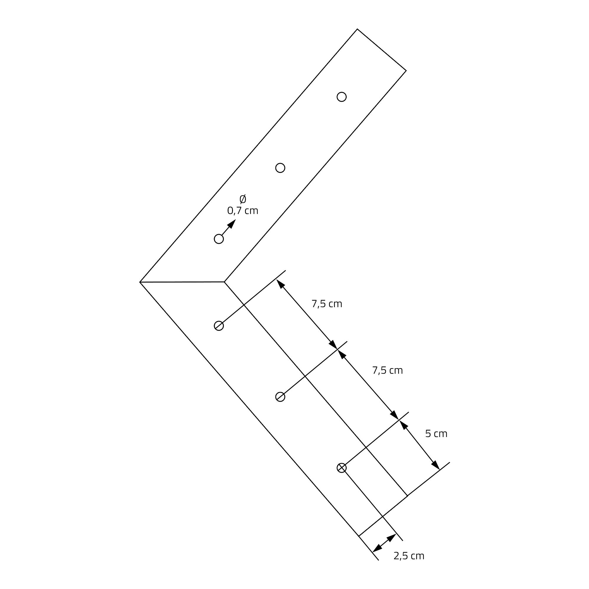 Un disegno tecnico con misure e fori per una forma a L.