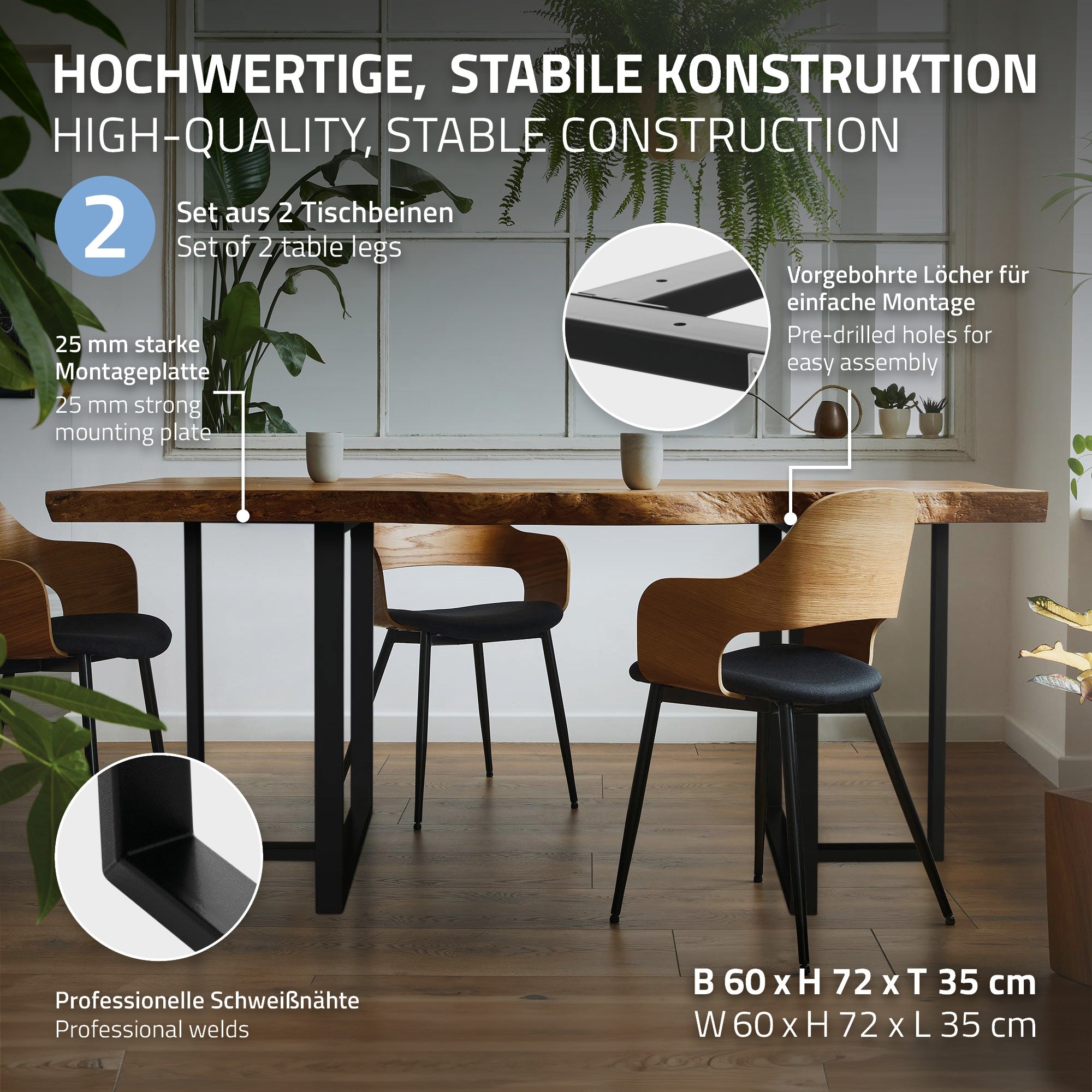 Holztisch mit stabilen Beinen und Montageanleitung, Maße B 60 x H 72 x T 35 cm.