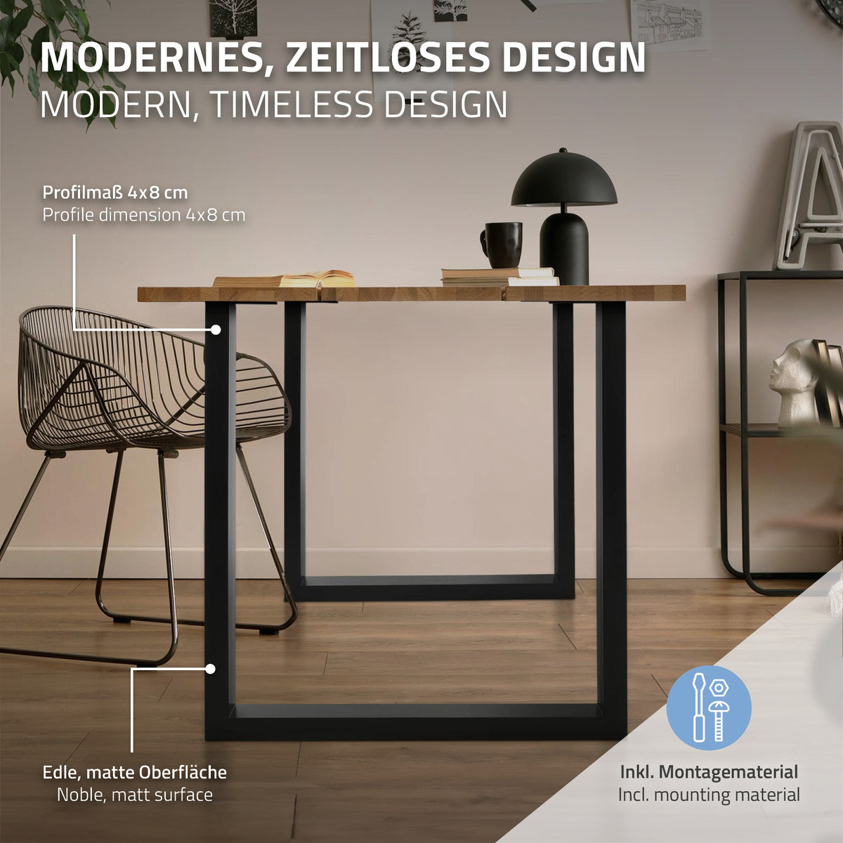 Ein Tisch mit einem modernen Design und einer Beschreibung der Materialien.