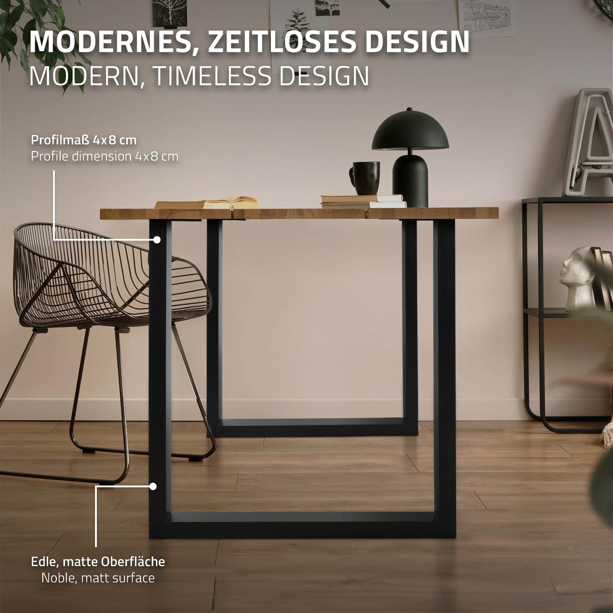 Ein Tisch mit Holzplatte und schwarzem Metallgestell in modernem Design.