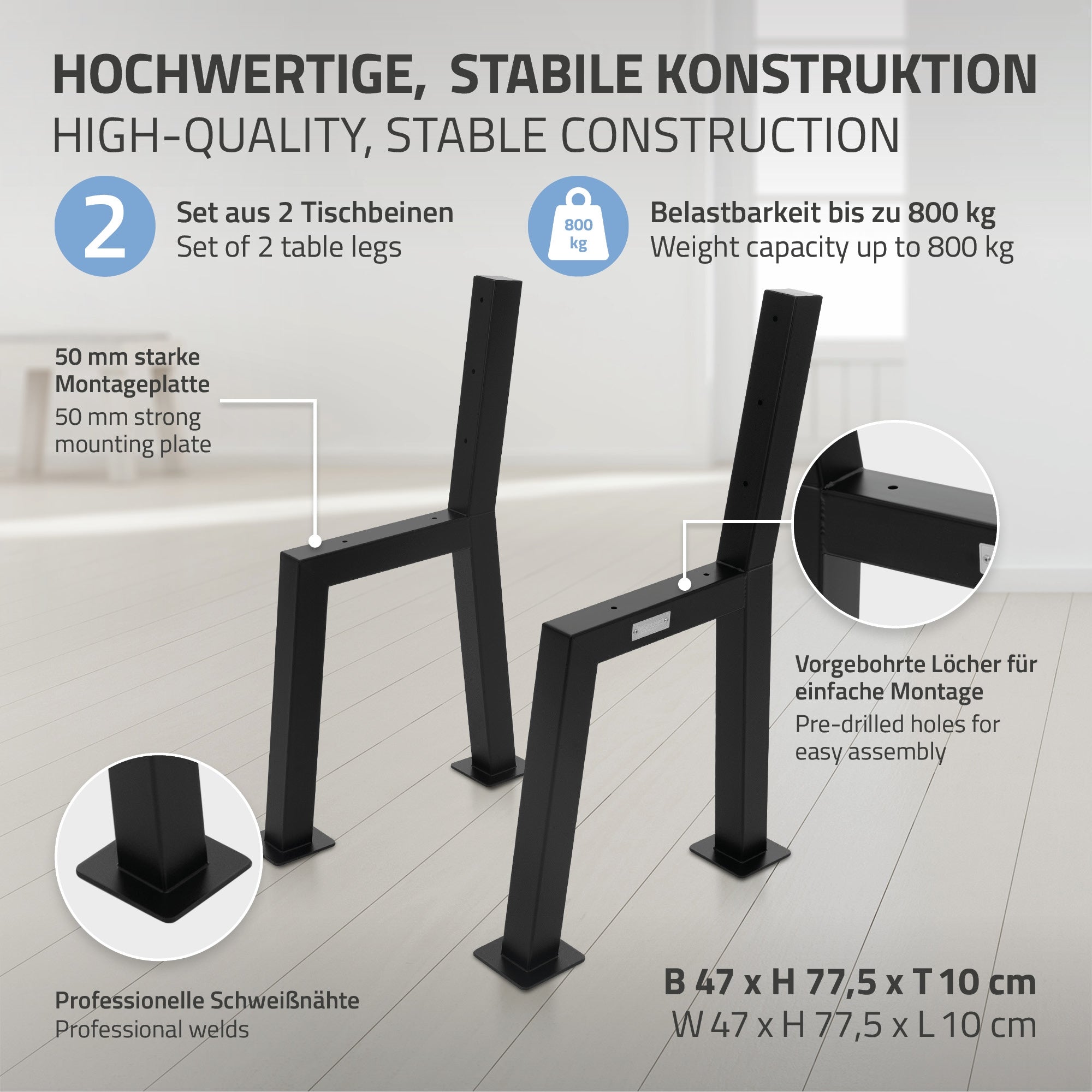 Zwei schwarze Tischbeine mit stabiler Konstruktion und Maßen.