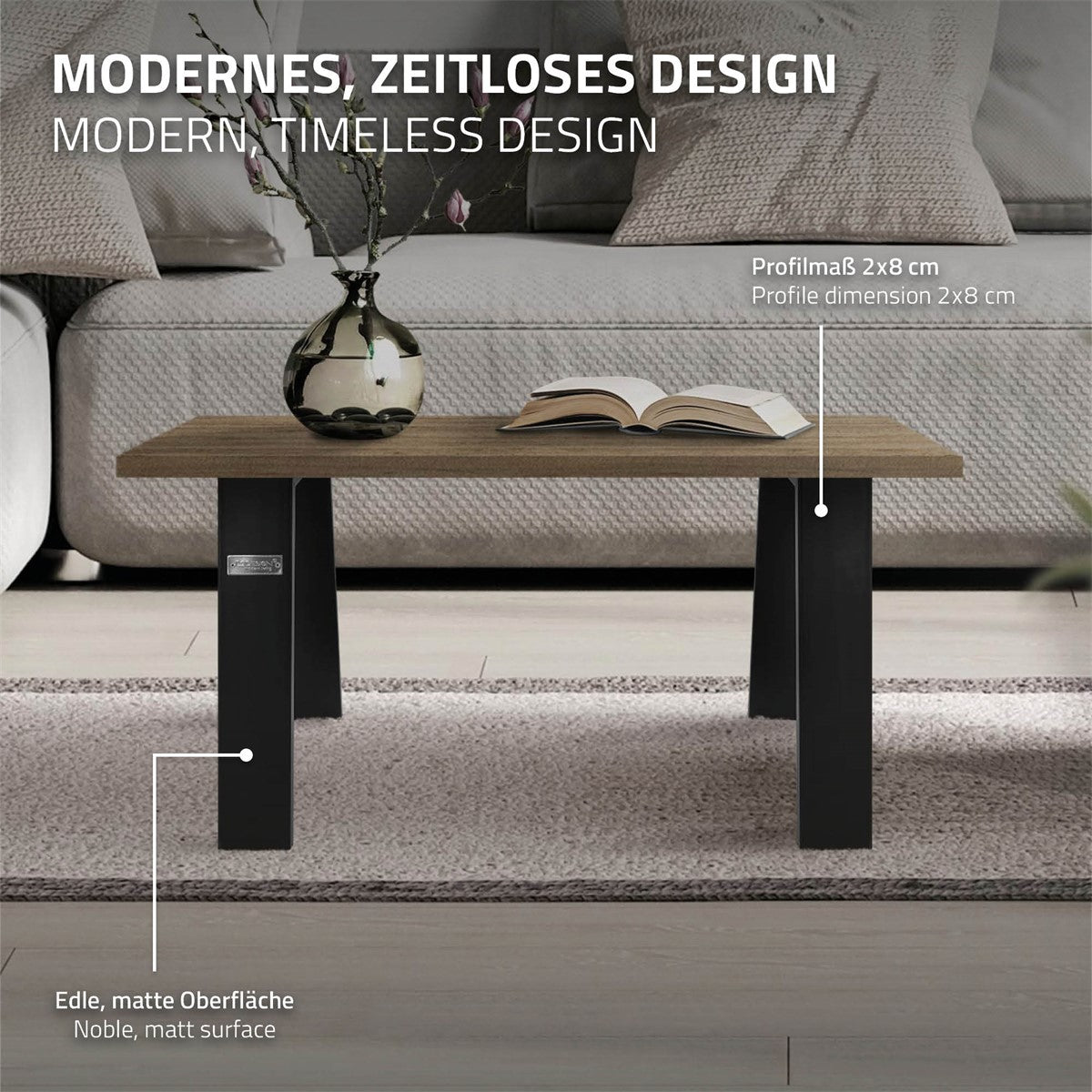 Een moderne tafel met een matte afwerking en een beschrijving van de tafelpoten.