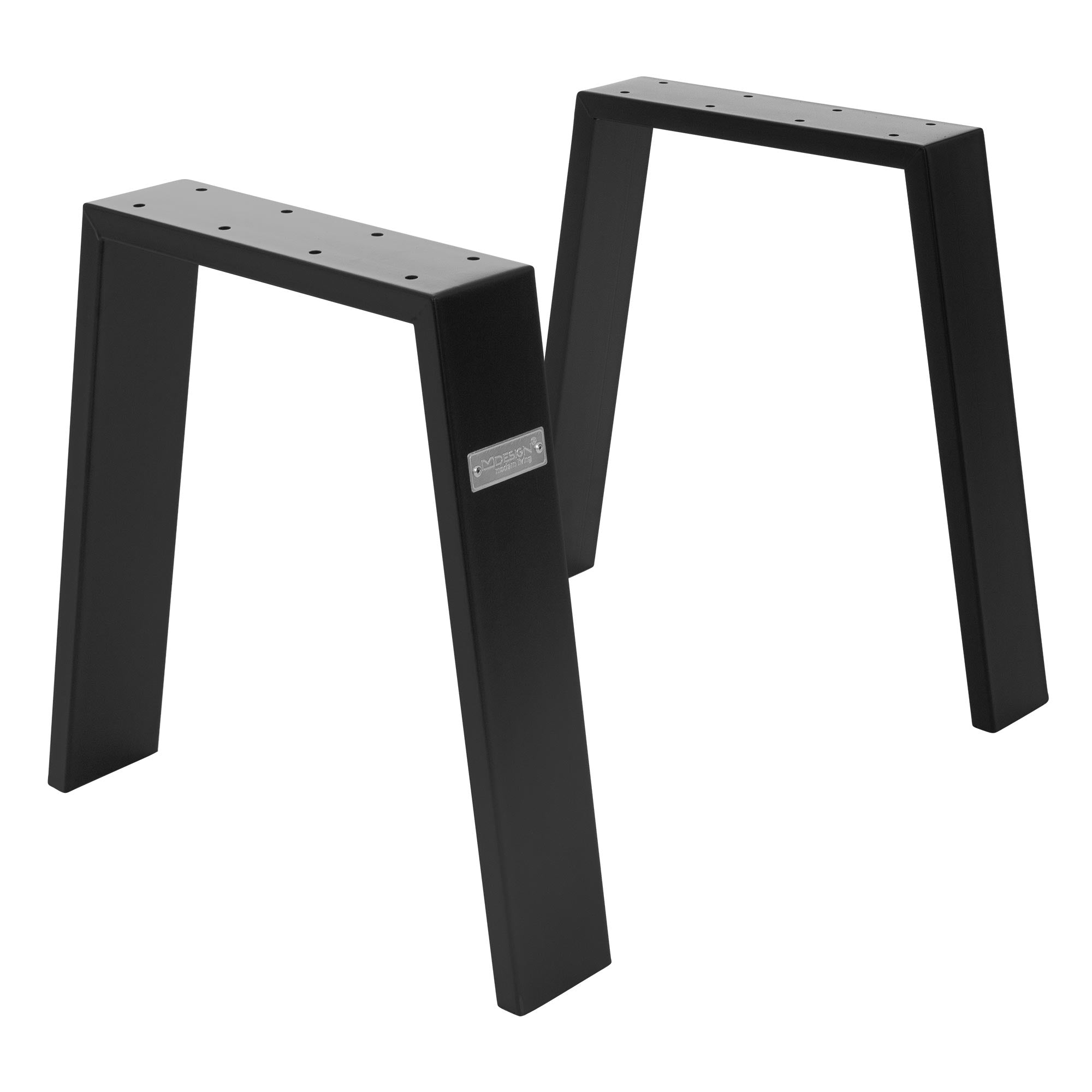Two black table legs with measurements, on a white background.