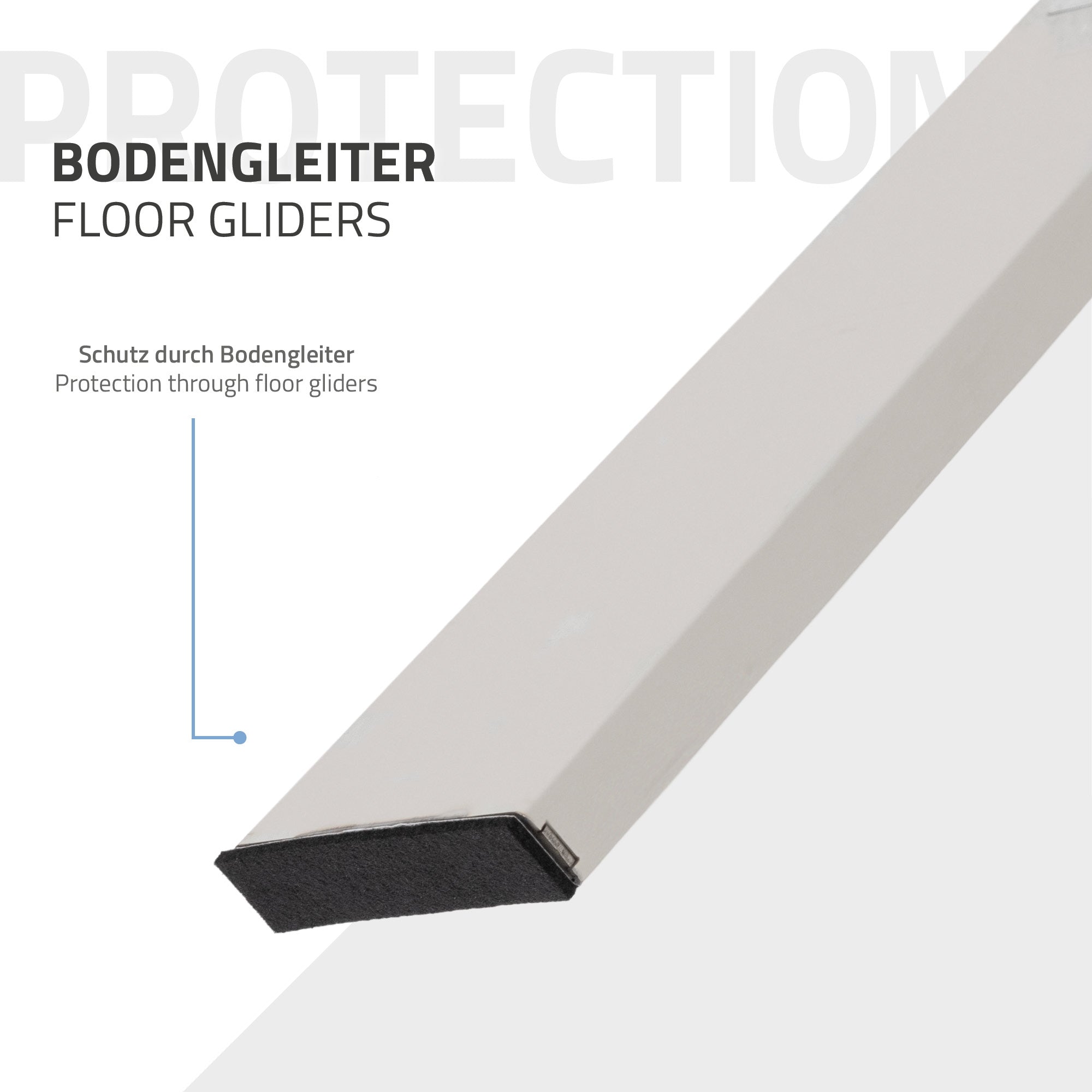 Ein grauer Bodengleiter mit schwarzem Schutzmaterial an der Unterseite.