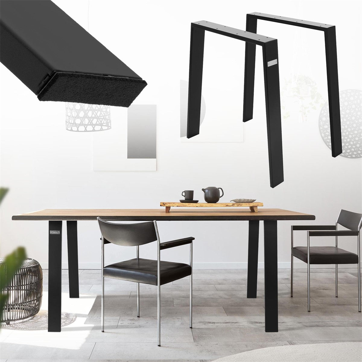 Table with two chairs, a baseboard and decorative elements in the background.