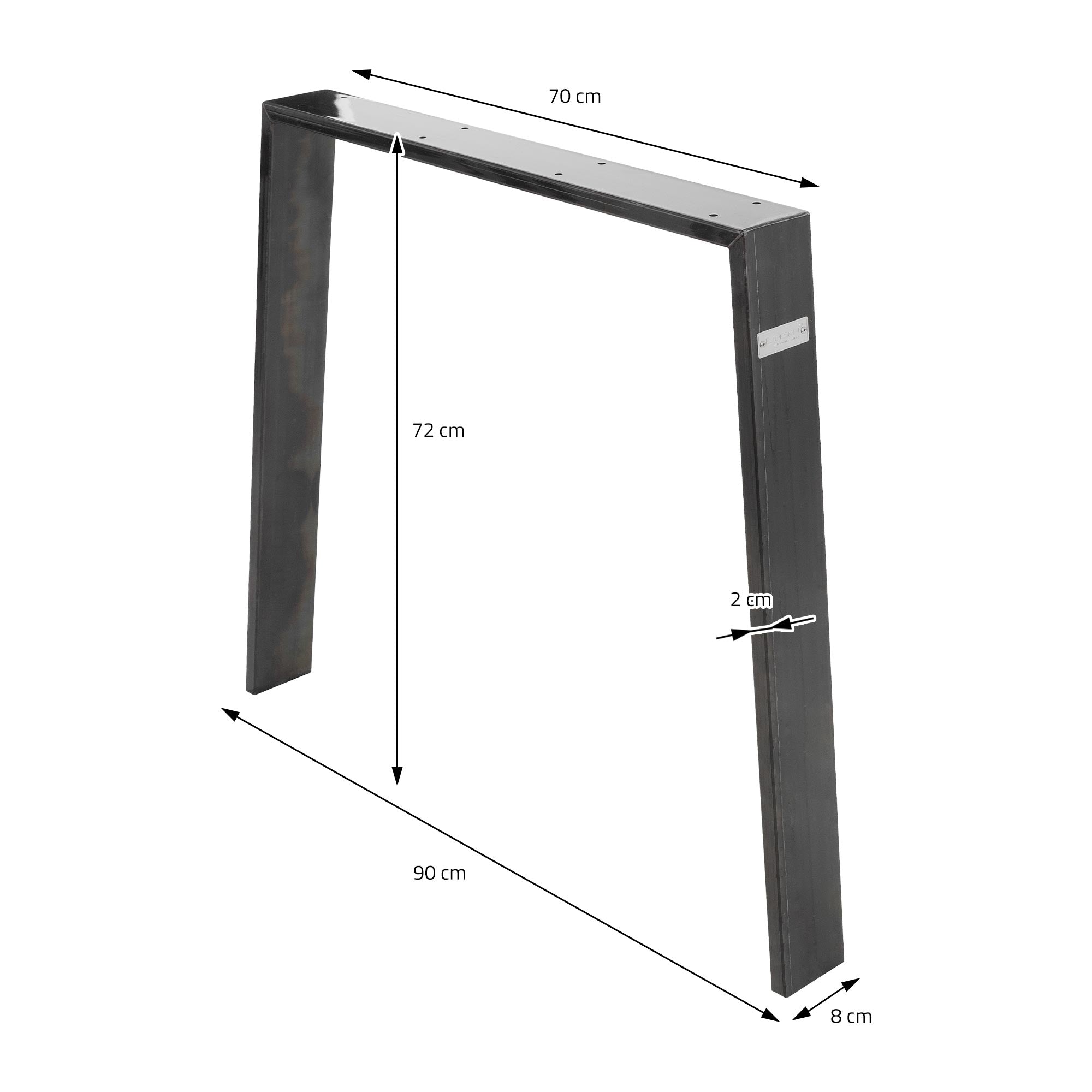 Detailaufnahme eines Tischbeins mit Maßangaben und Materialbeschreibung.