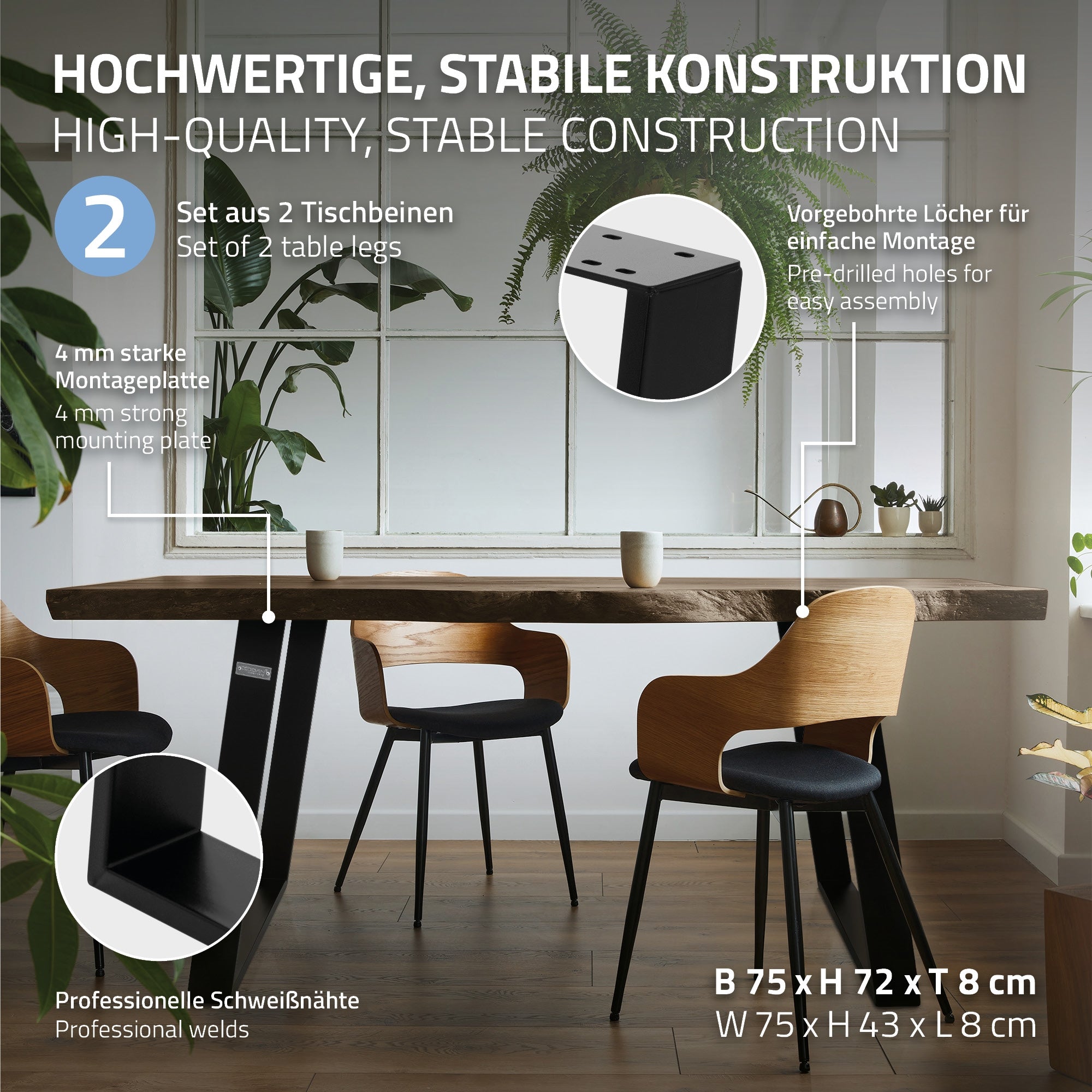 Elegantní stůl se stabilními nohami a moderními židlemi v místnosti.